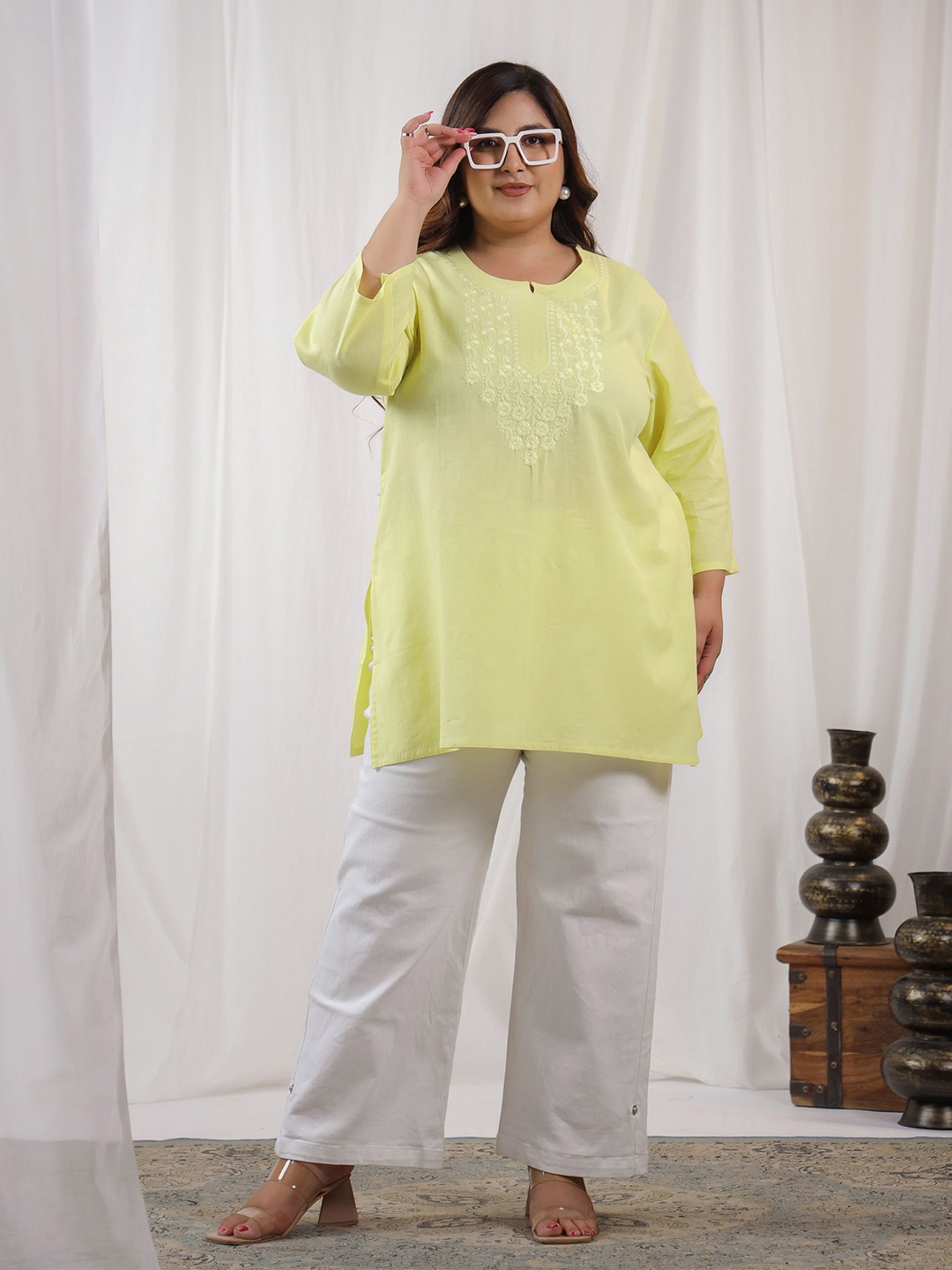 

LALI JAIPUR Women Plus Size Embroidered Pure Cotton Straight Kurti, Yellow