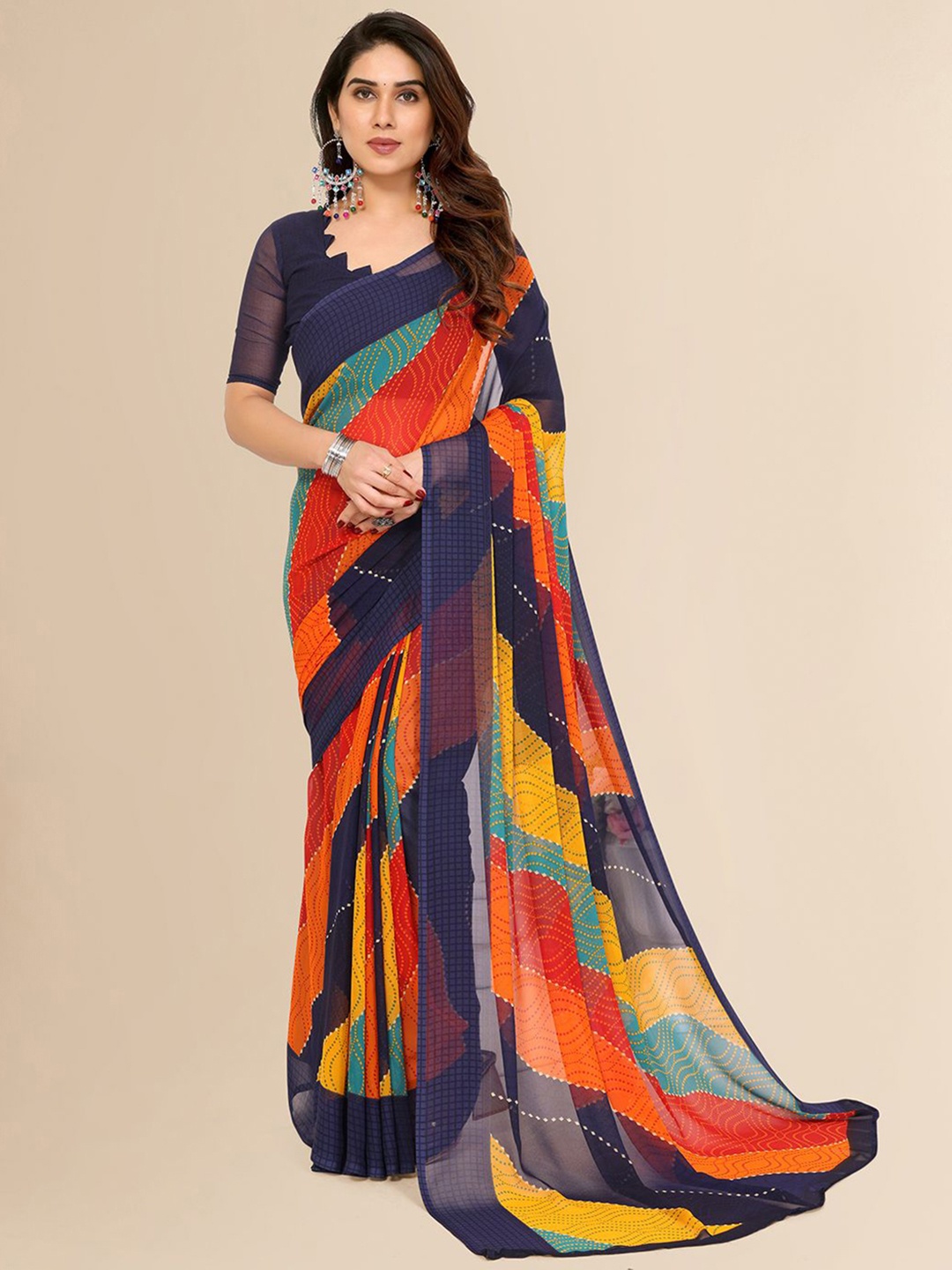 

ANAND SAREES Striped Poly Georgette Saree, Navy blue