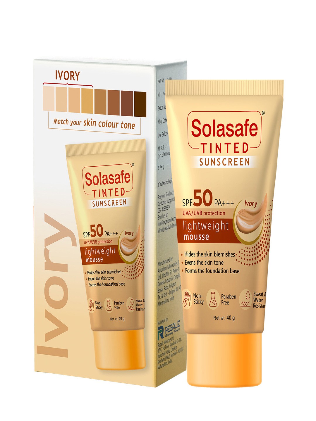

REGALIZ Solasafe Tinted Ivory Sunscreen SPF 50 PA++ -40g, White