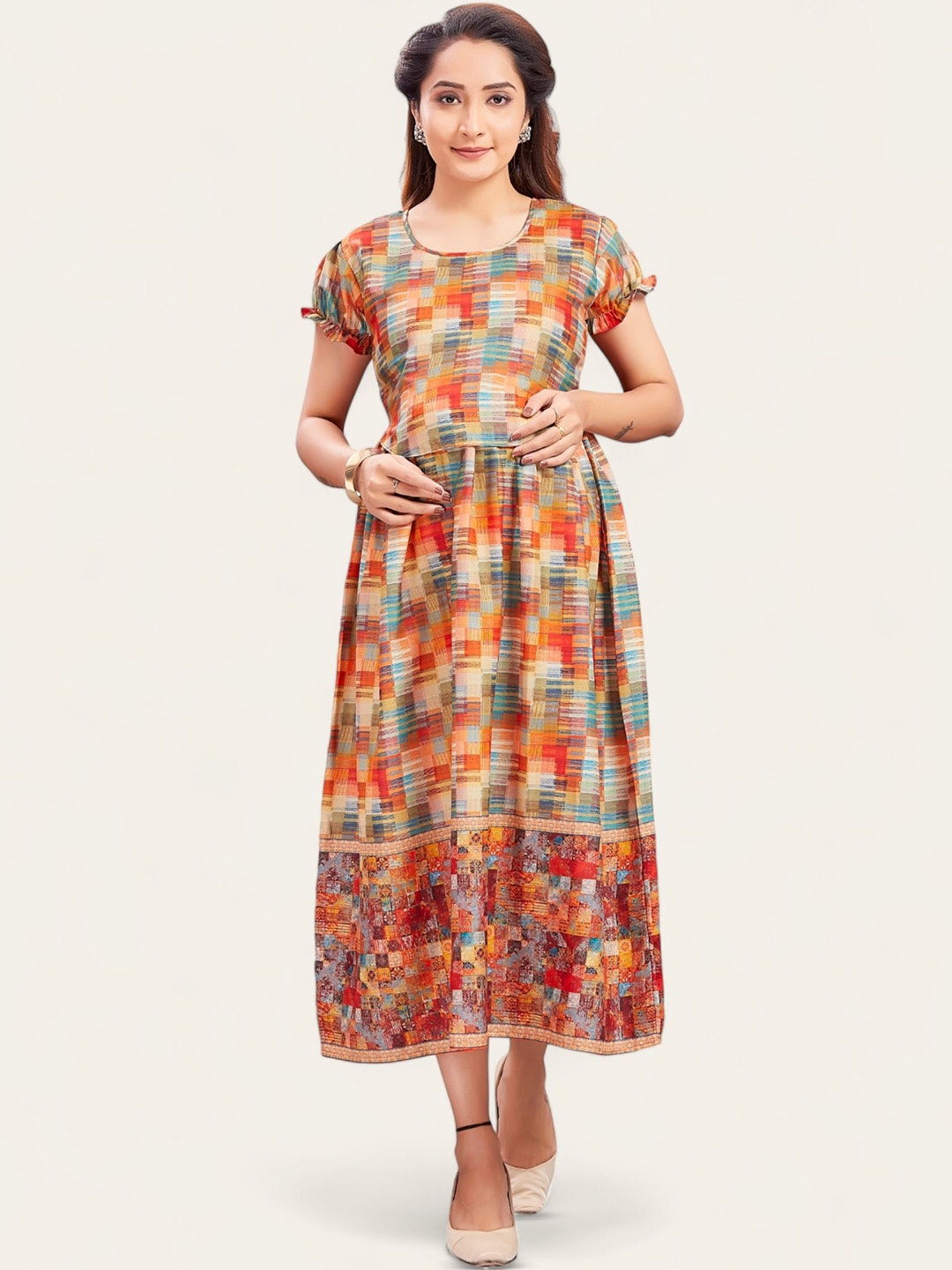 

RITIJYA Women's Floral Print Maternity Fit & Flare Maternity Maxi Dress, Orange