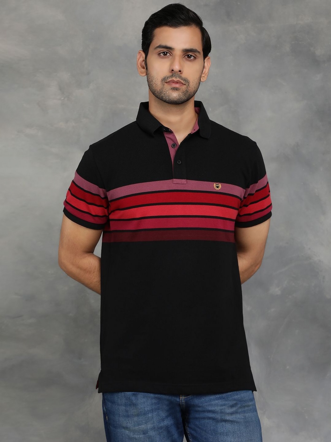 

JADE BLUE Men Striped Polo Collar Cotton Slim Fit T-shirt, Black