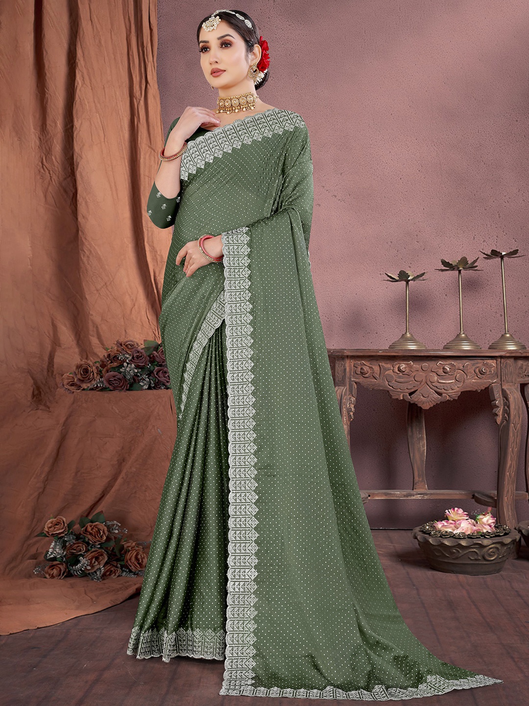 

Sitanjali Embellished Beads and Stones Maheshwari Saree, Green