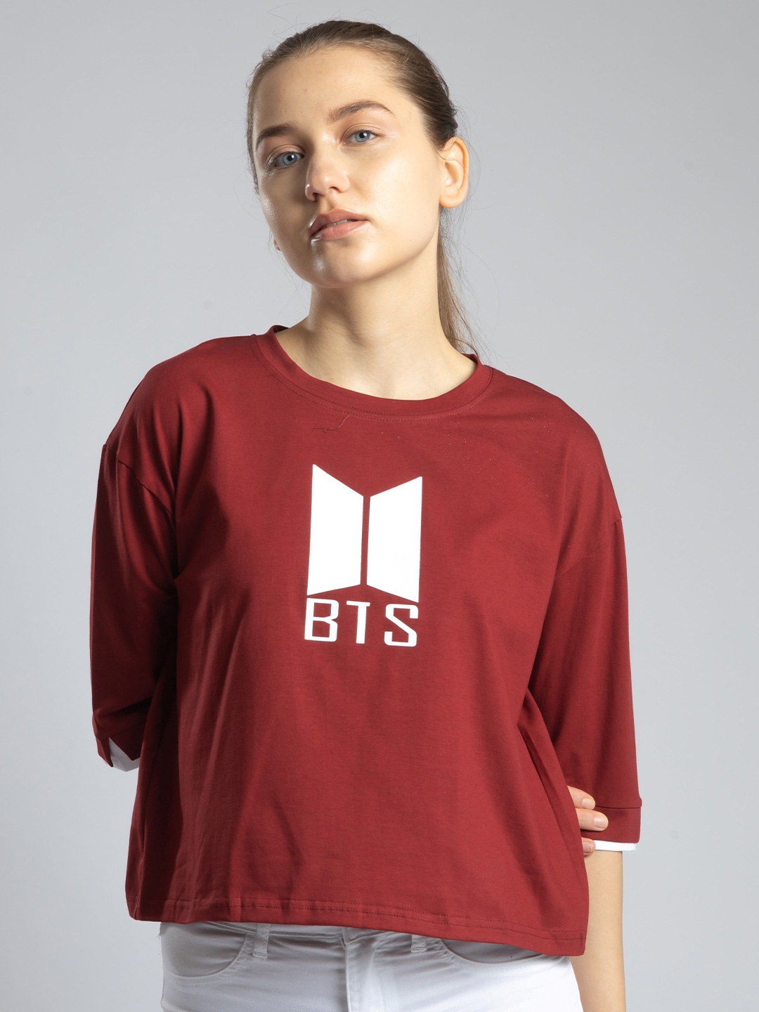 

Redamancii Women Graphic Printed Round Neck Polycotton Top, Maroon