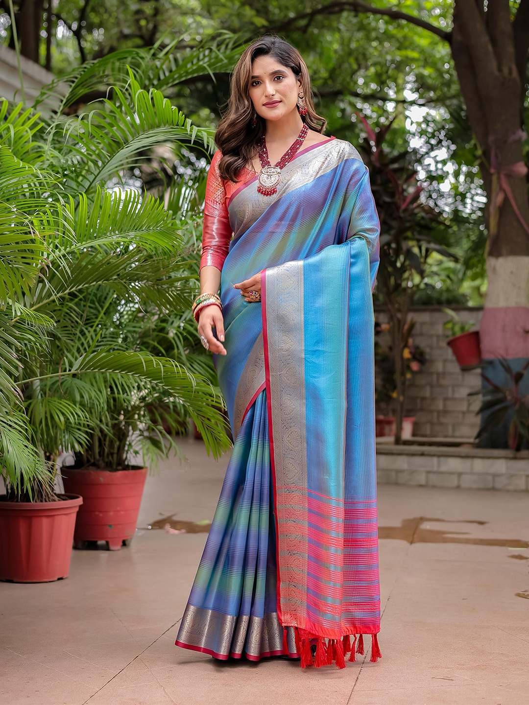 

Mitera Striped Zari Organza Kanjeevaram Saree, Blue