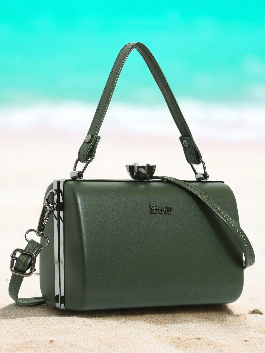 

Exotic Shoulder Strap Box Clutch, Green