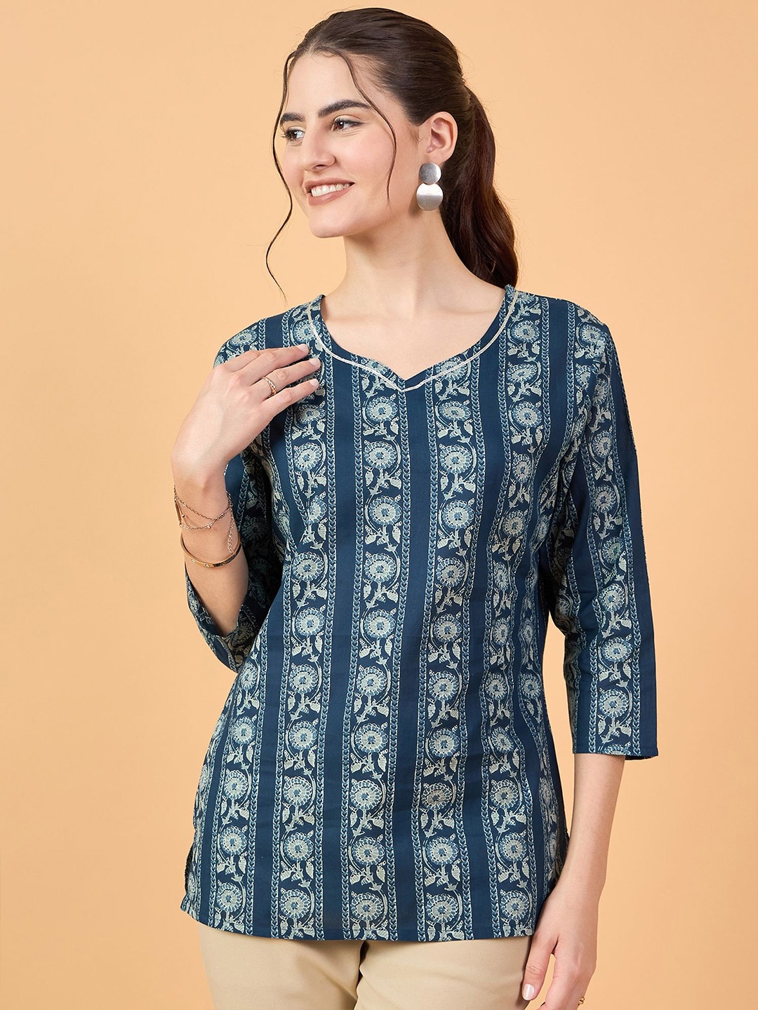 

NEESH Women Ethnic Motifs Printed Round Neck Cotton Top, Multi