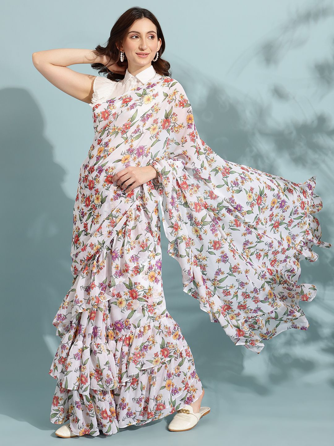 

VIRAGO Floral Printed Pure Georgette Saree, White