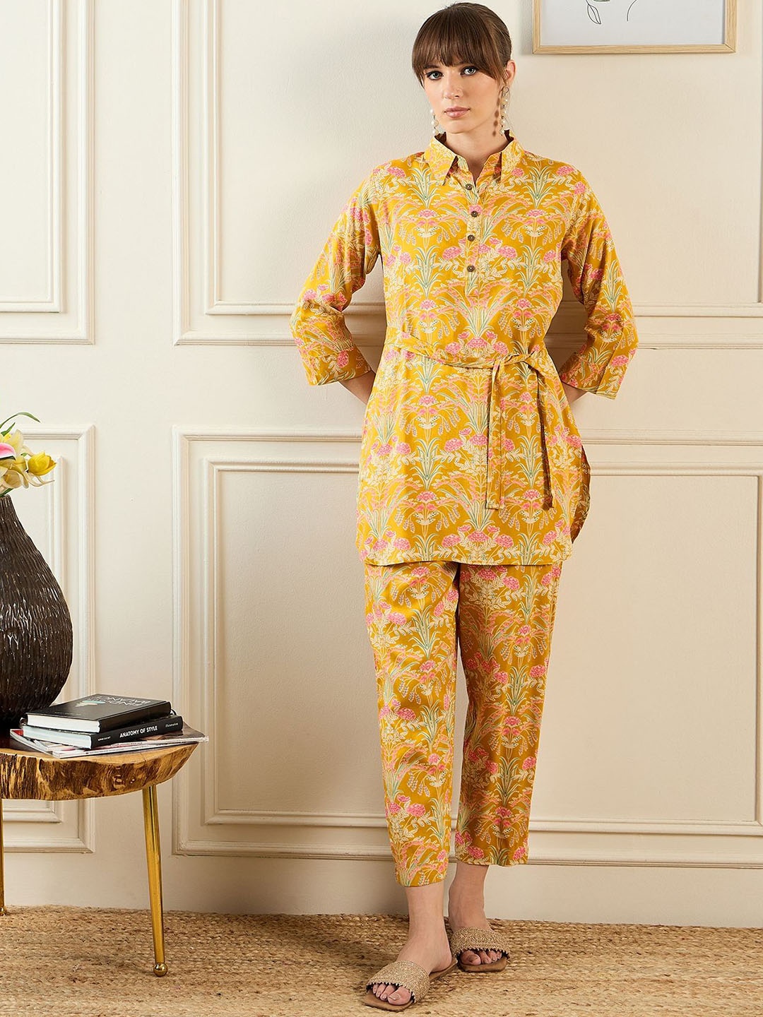 

Indo Era Floral Printed Shirt Collar Tunic & Trousers, Mustard