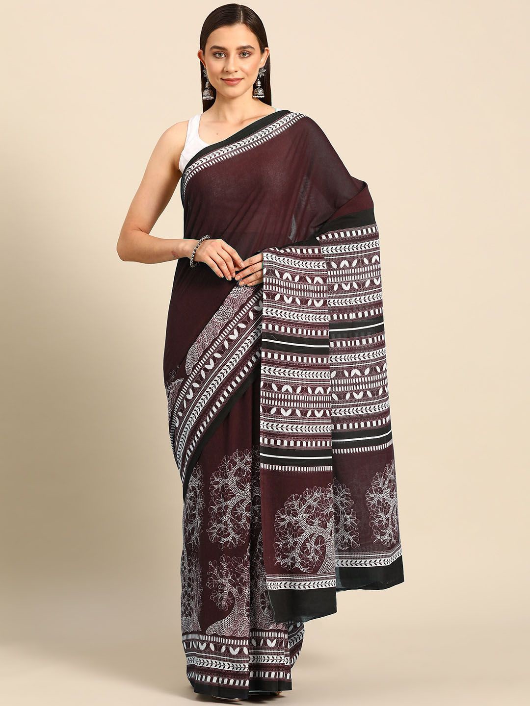 

BUTA BUTI Floral Printed Pure Cotton Saree, Rust