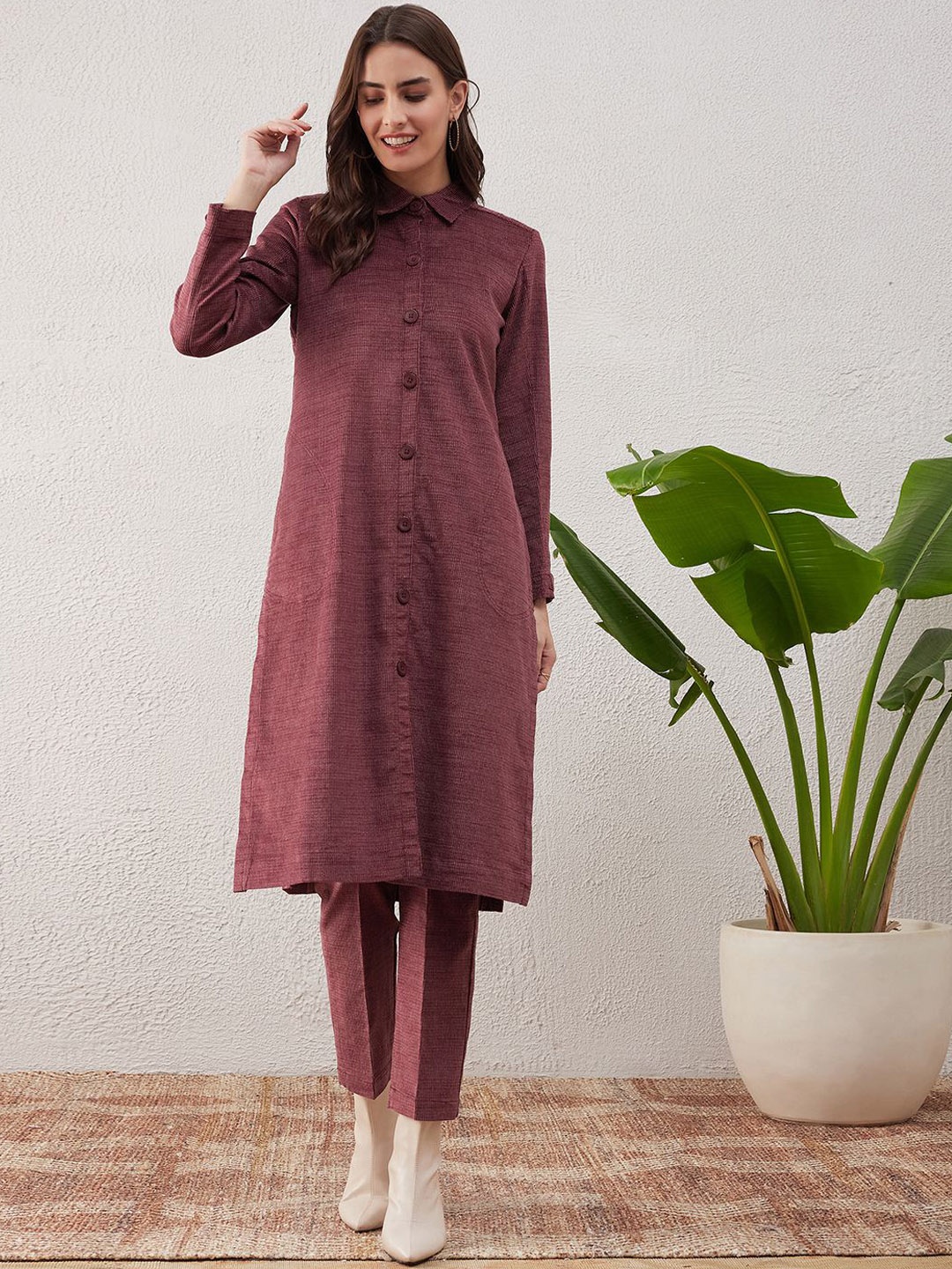 

STADO Long Sleeved Shirt Collar Tunic & Trouser, Maroon