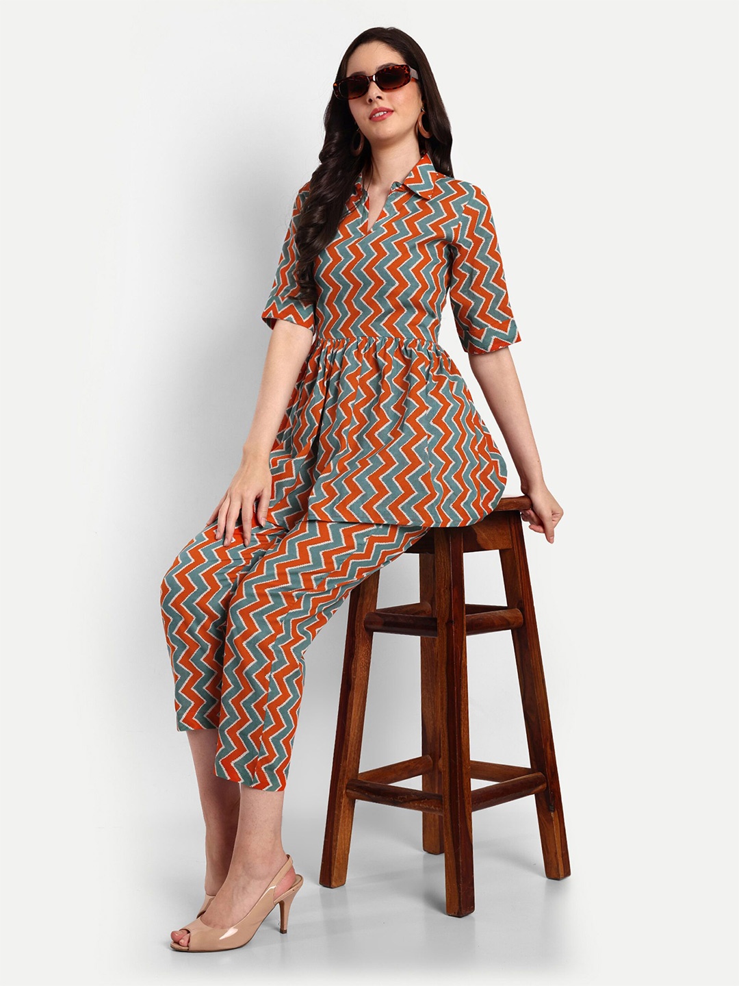 

Serenita Printed Peplum Cotton top and pant Co-ord Set, Multi