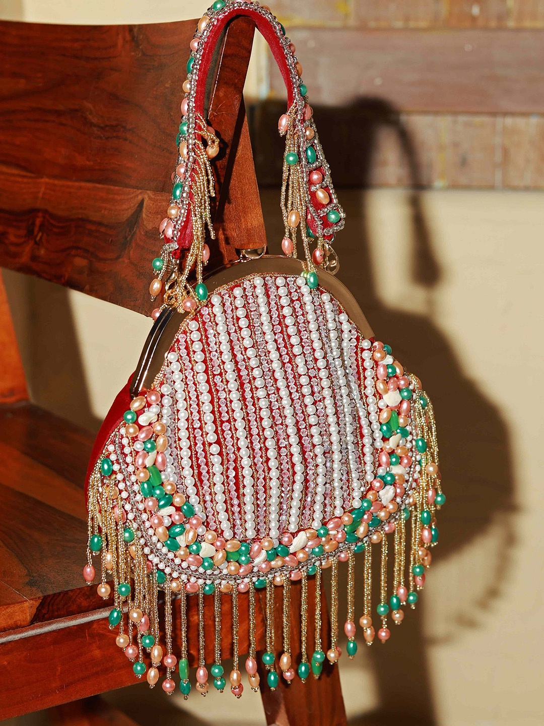 

THE TAN CLAN Embroidered Tasselled Half Moon Clutch, Red