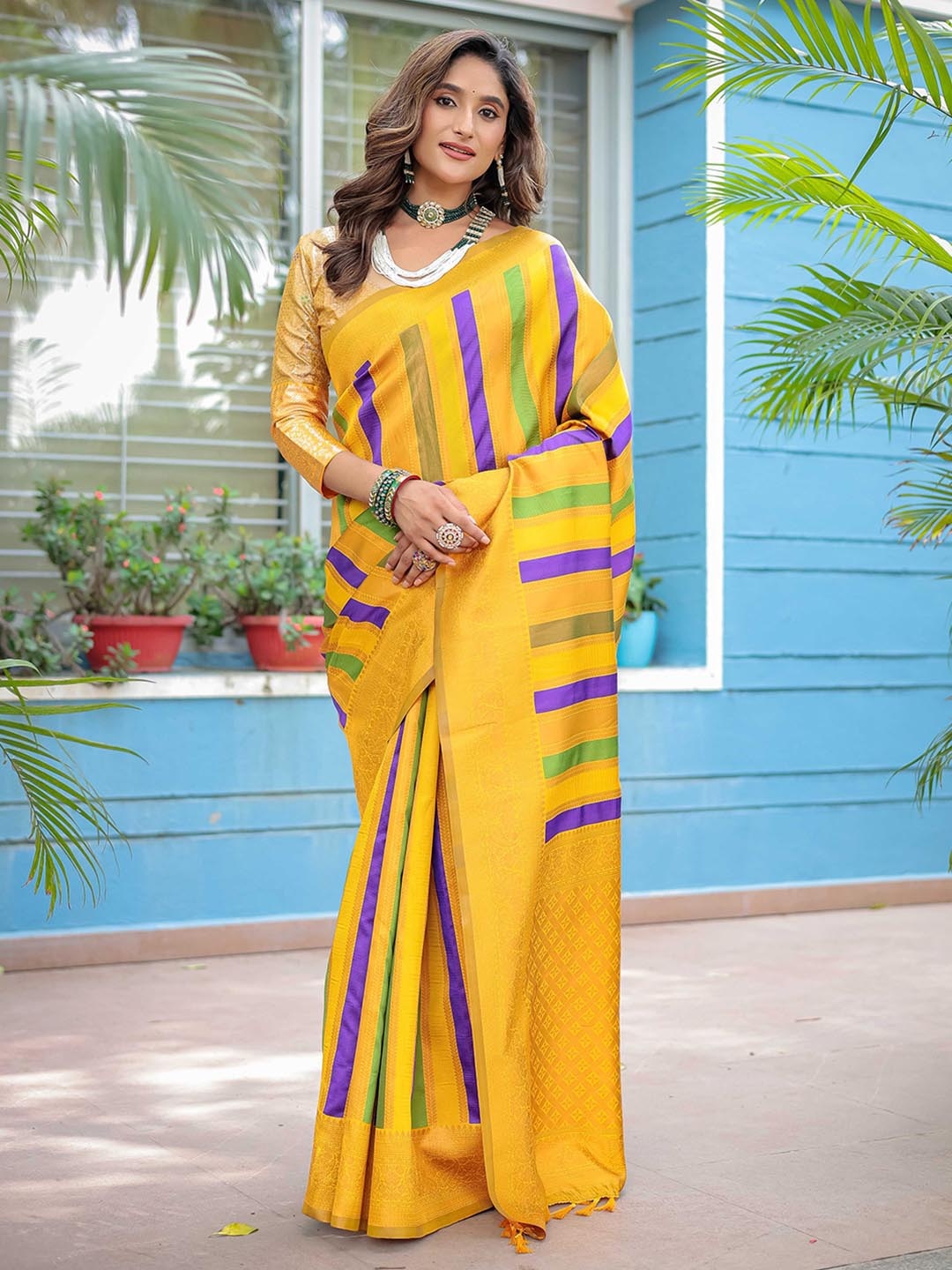 

Mitera Striped Zari Kanjeevaram Saree, Yellow