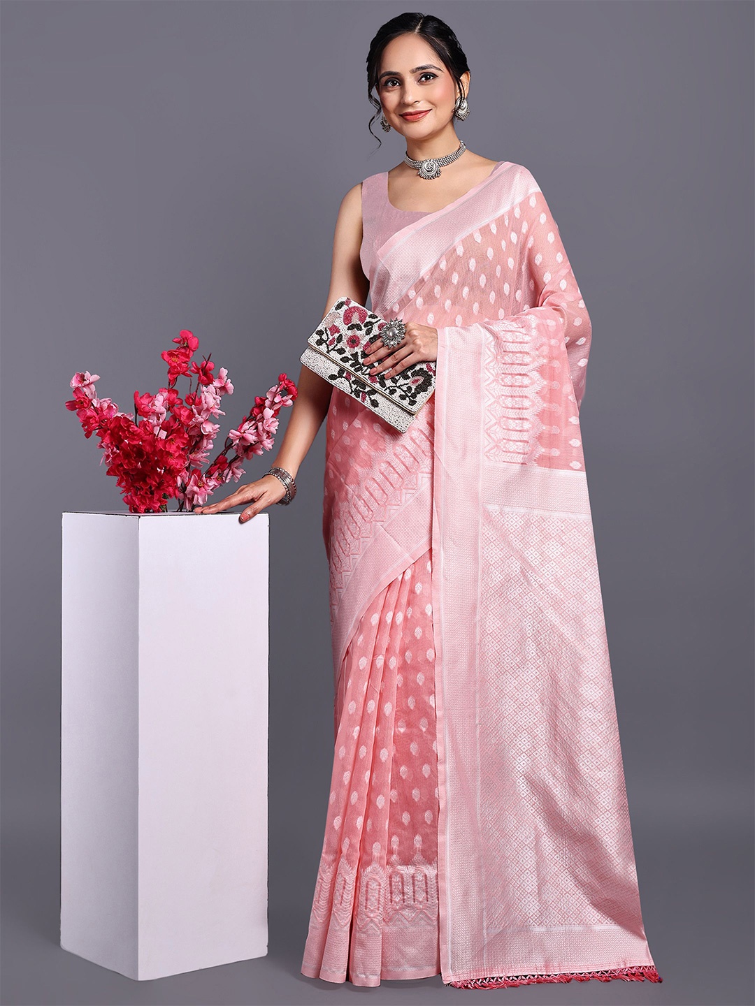 

SWAMI STUDIO Woven Design Zari Pure Cotton Kanjeevaram Saree, Pink