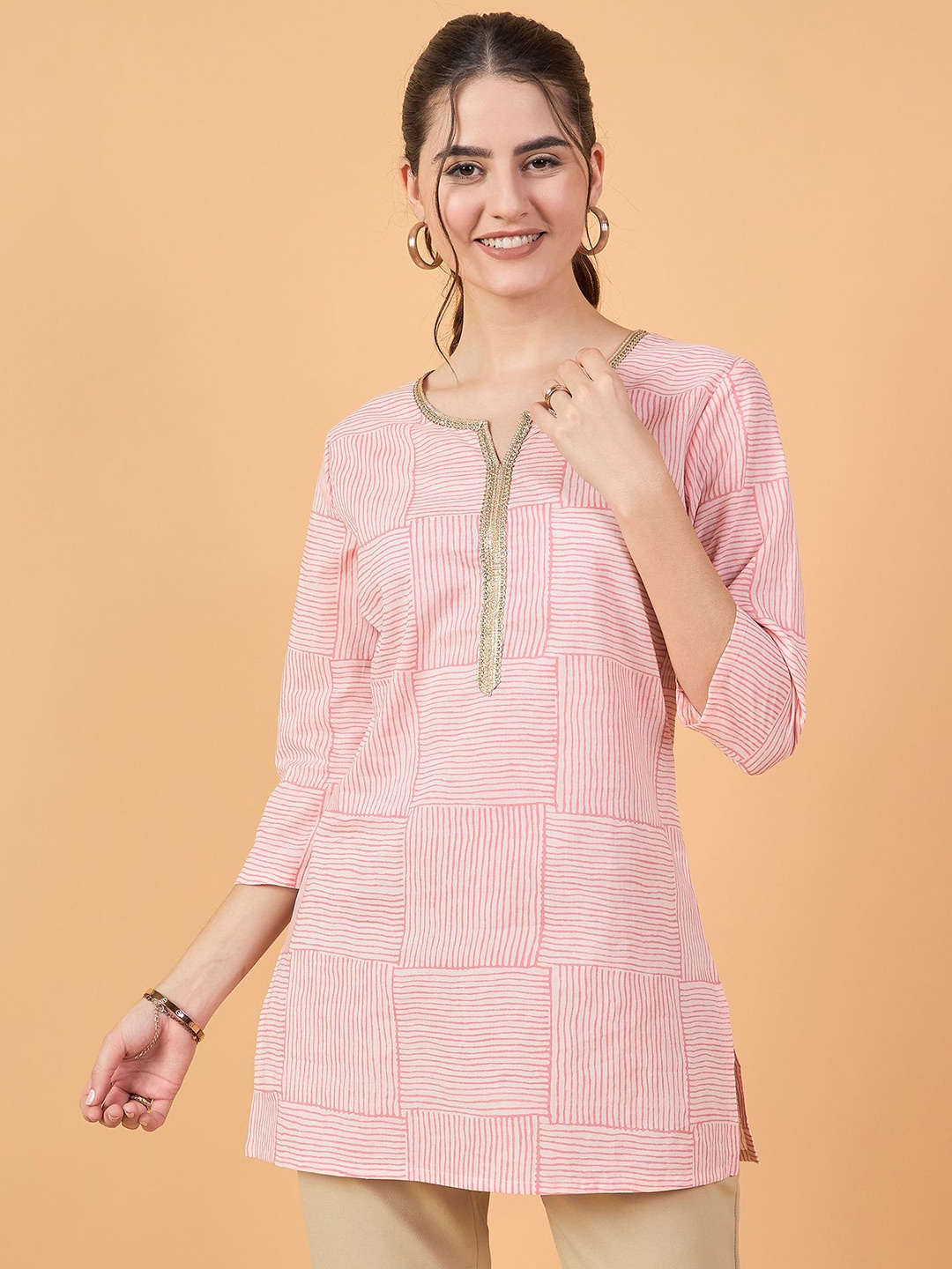 

NEESH Women Vertical Striped Round Neck Cotton Top, Pink