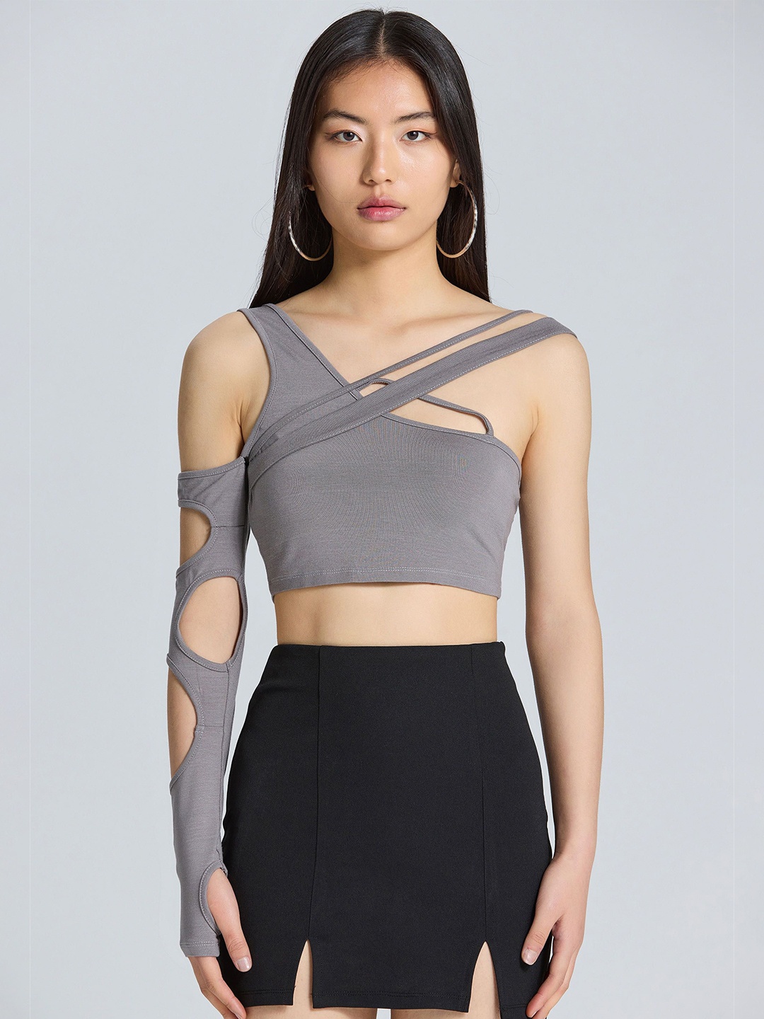 

ZOMODA Women Solid One Shoulder Top, Grey