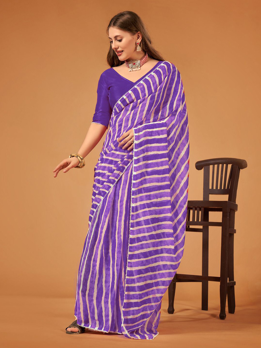 

SM TRENDZ Striped Pure Georgette Ready to Wear Saree, Violet