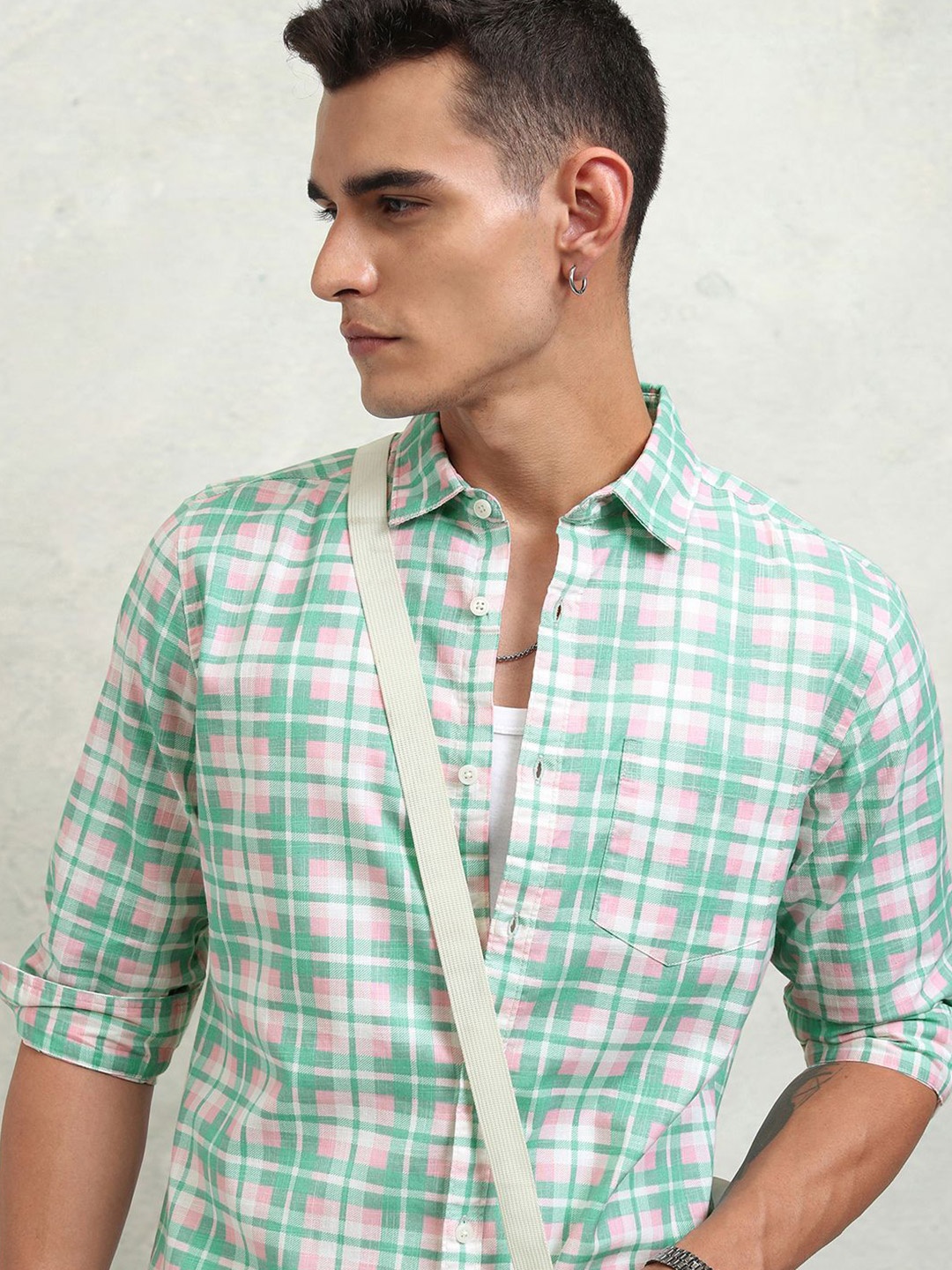 

HIGHLANDER Men Cotton Linen Printed Checked Casual Shirt, Pink