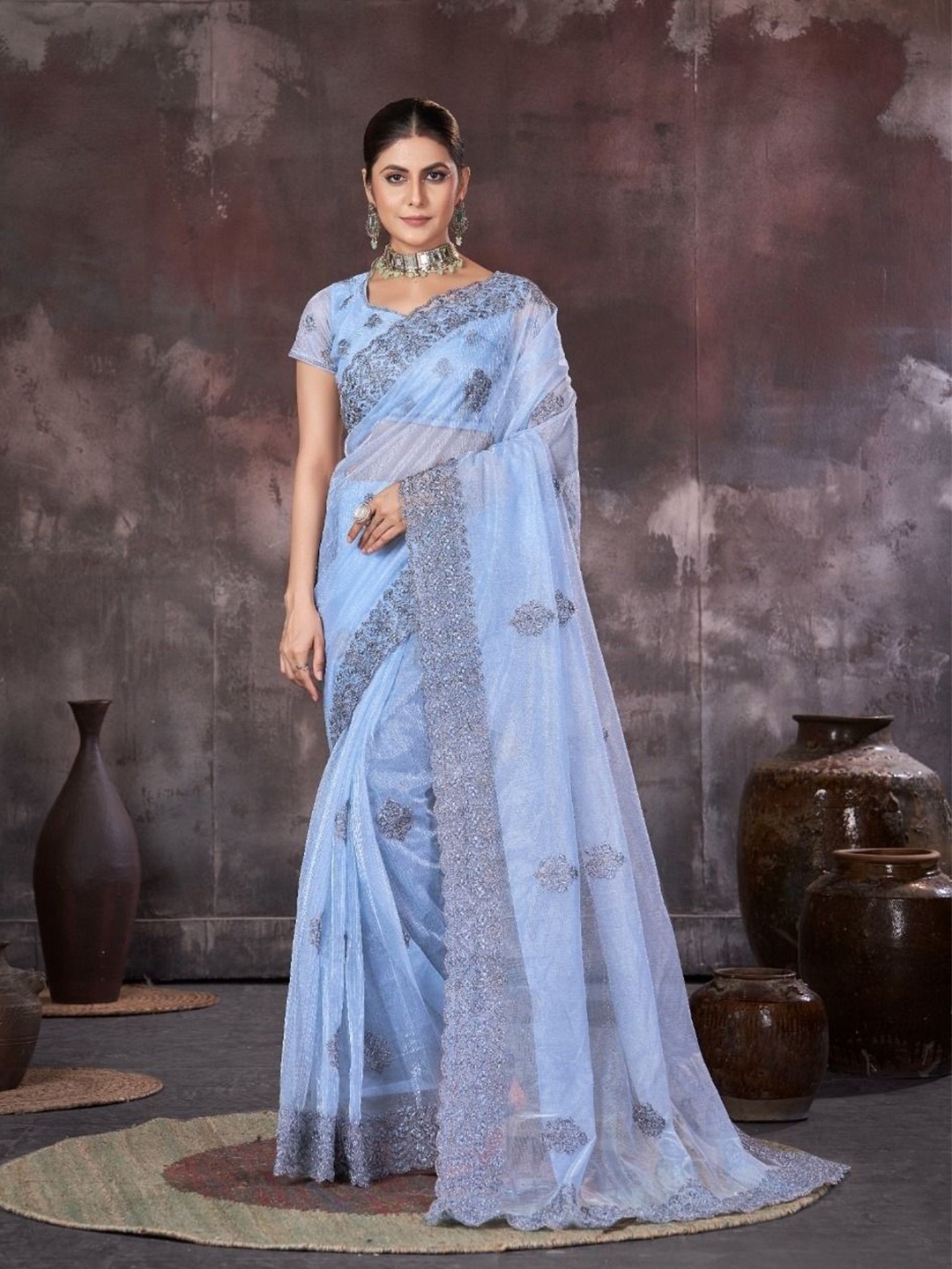 

Kalista Embellished Zari Pure Georgette Saree, Blue