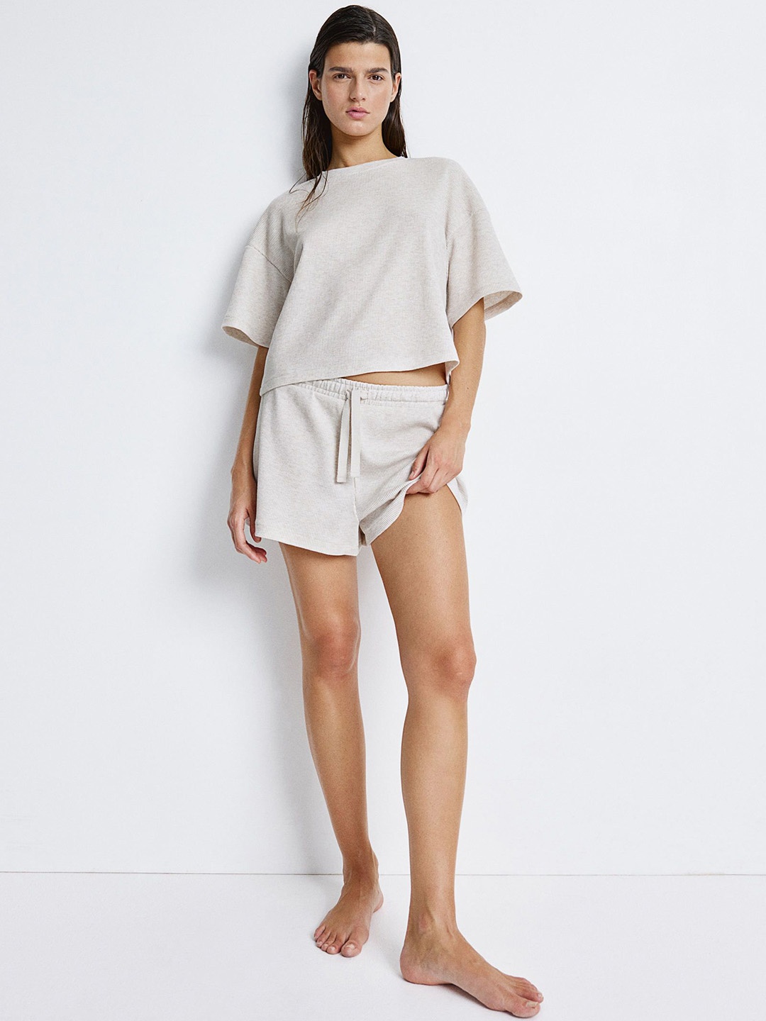 

H&M Women Waffled Top & Shorts Night Suits, Beige