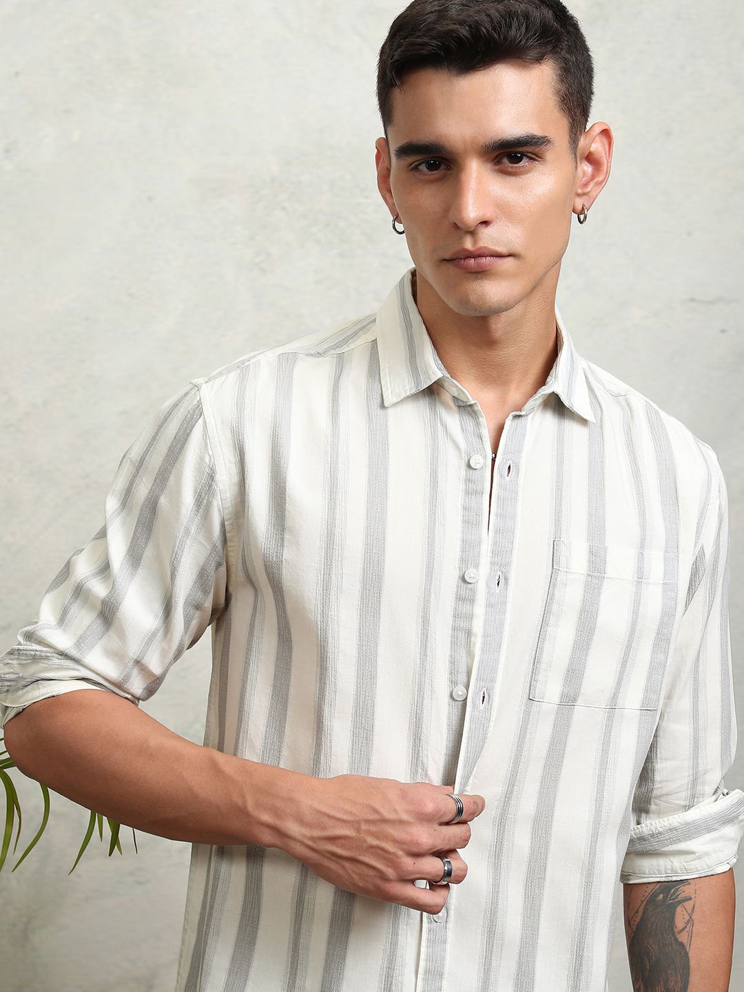 

Highlander Men Off Dobby Textured Striped Relaxed Shirt, Off white