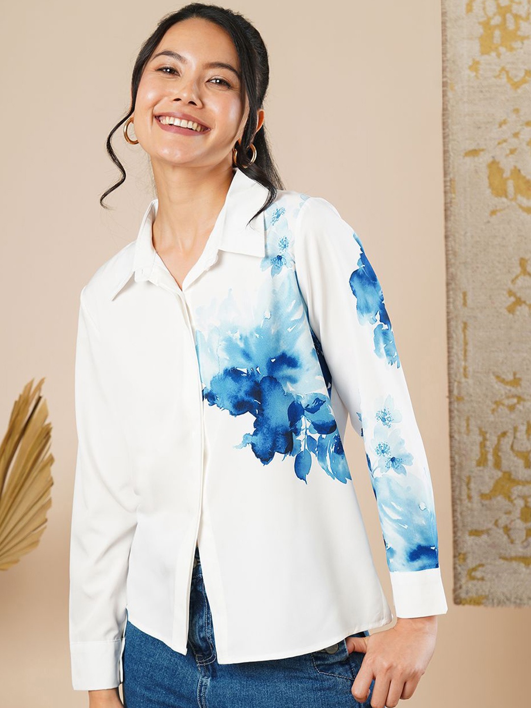 

CARTYSHOP Women Comfort Spread Collar Floral Printed Crepe Formal Shirt, White