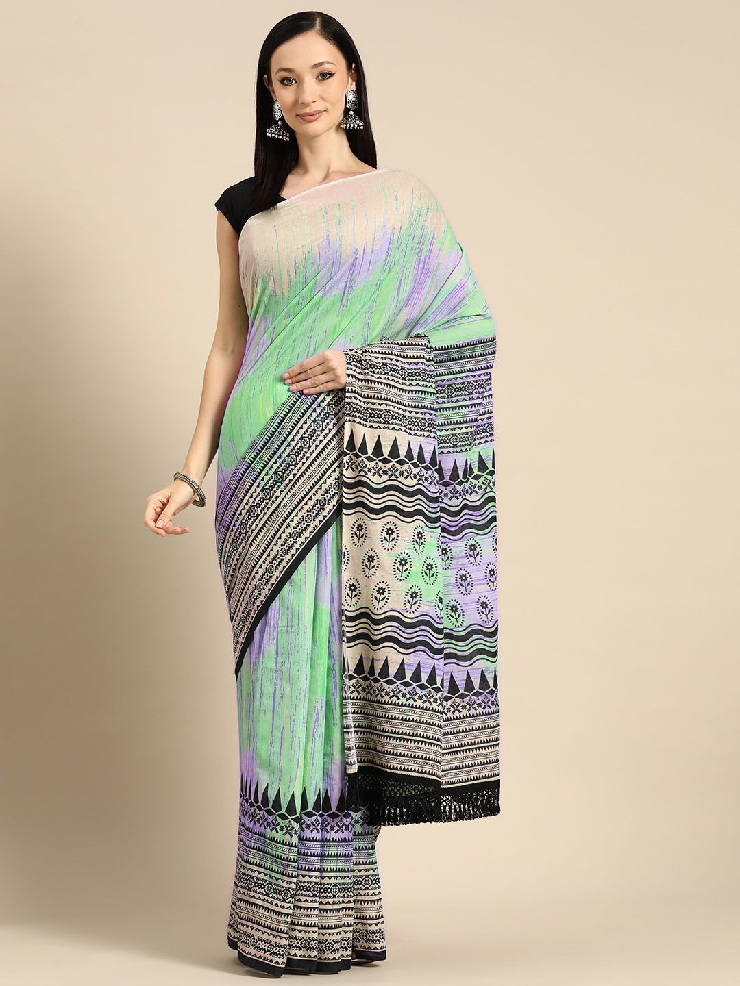 

BUTA BUTI Abstract Printed Pure Cotton Saree, Green