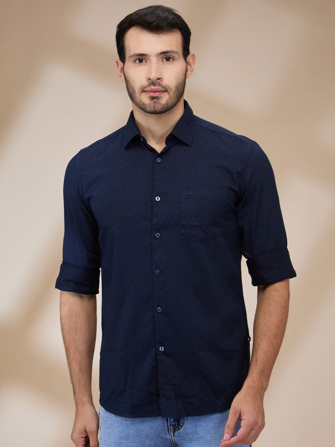 

Parx Men Spread Collar Micro Ditsy Printed Cotton Slim Fit Casual Shirt, Blue