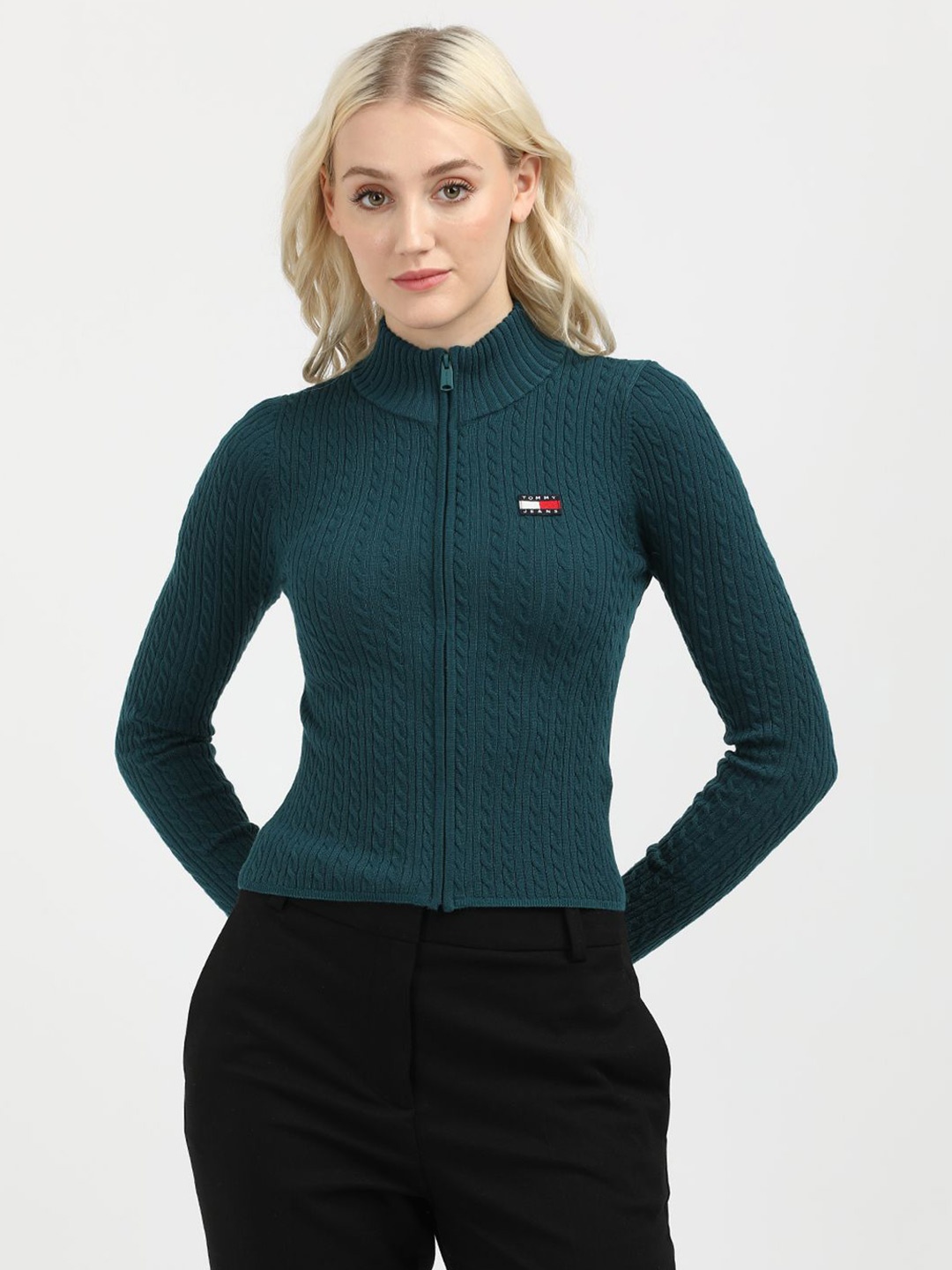 

Tommy Hilfiger Women Cable Knit Self Design Pullover, Teal