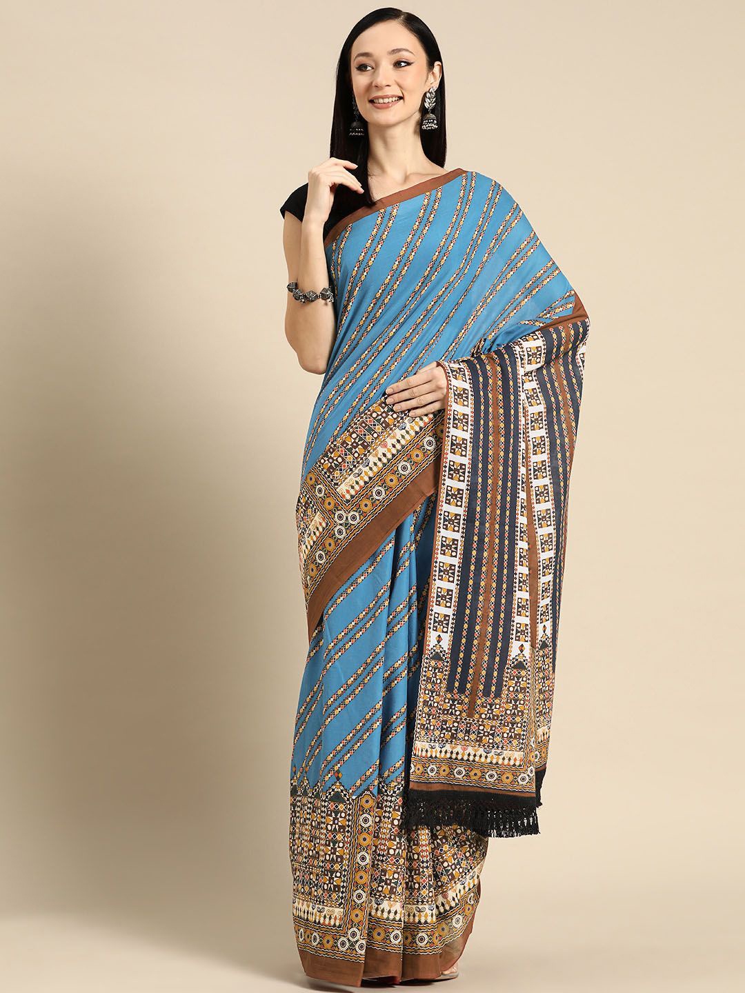 

BUTA BUTI Striped Printed Pure Cotton Saree, Blue