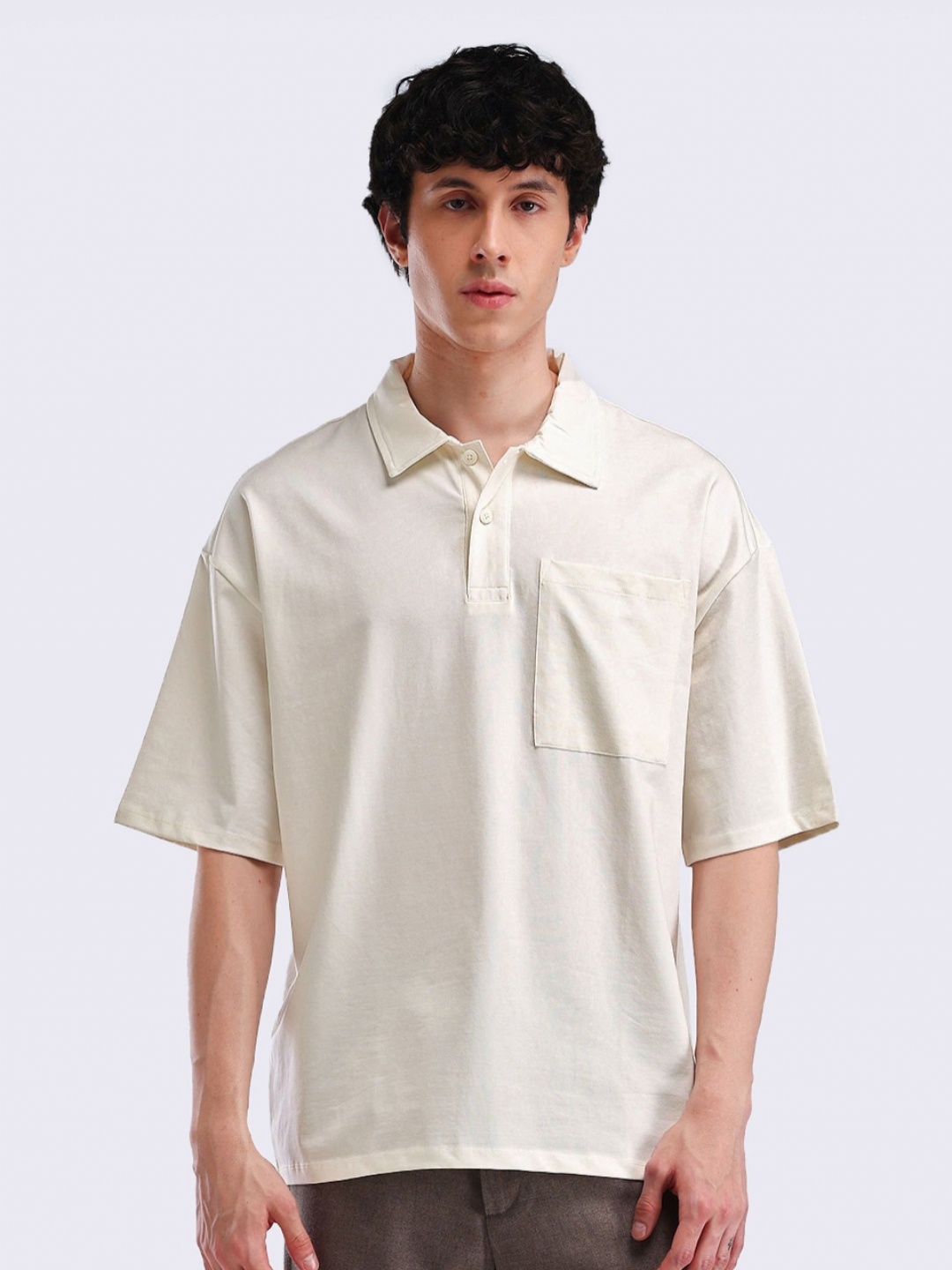 

Flying Machine Men Solid Polo Collar Cotton Oversized T-shirt, White