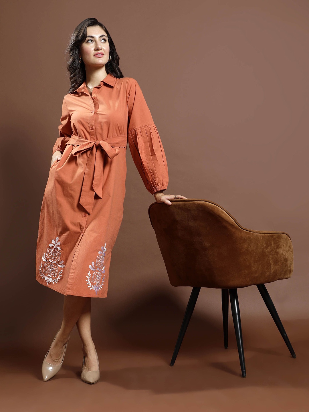 

Boho By Athena Bohemian Embroidered Puff Sleeve Shirt Midi Dress, Rust