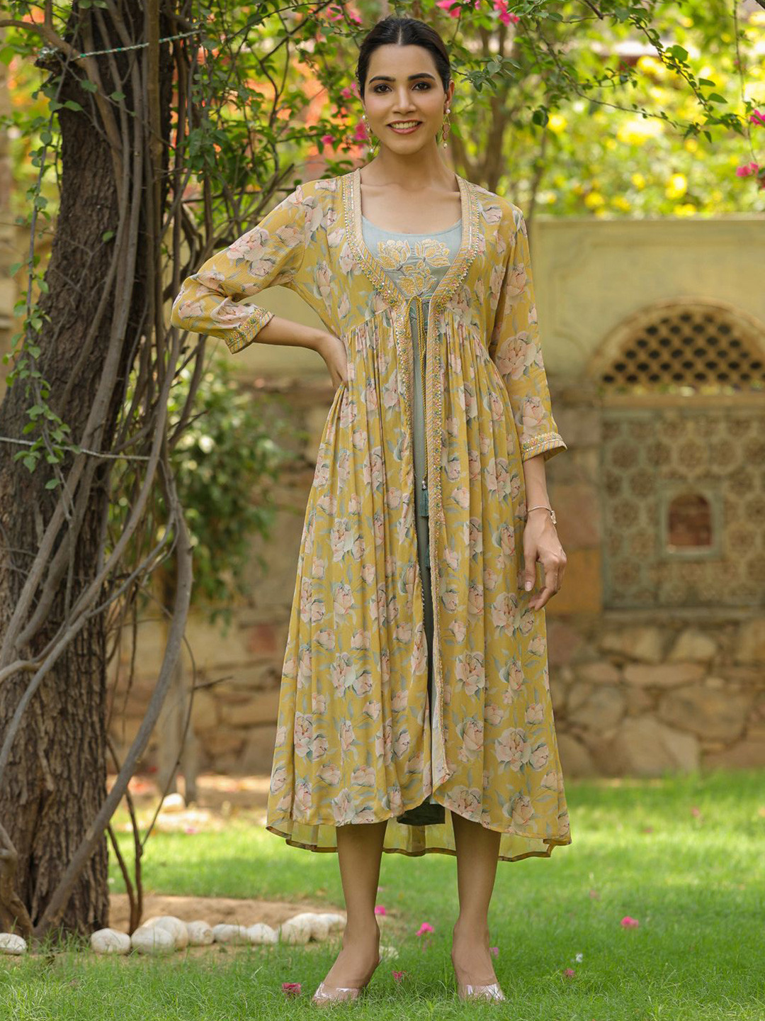 

Readiprint Fashions Ethnic Motifs Print Fit & Flare Midi Dress With Shrug, Mustard