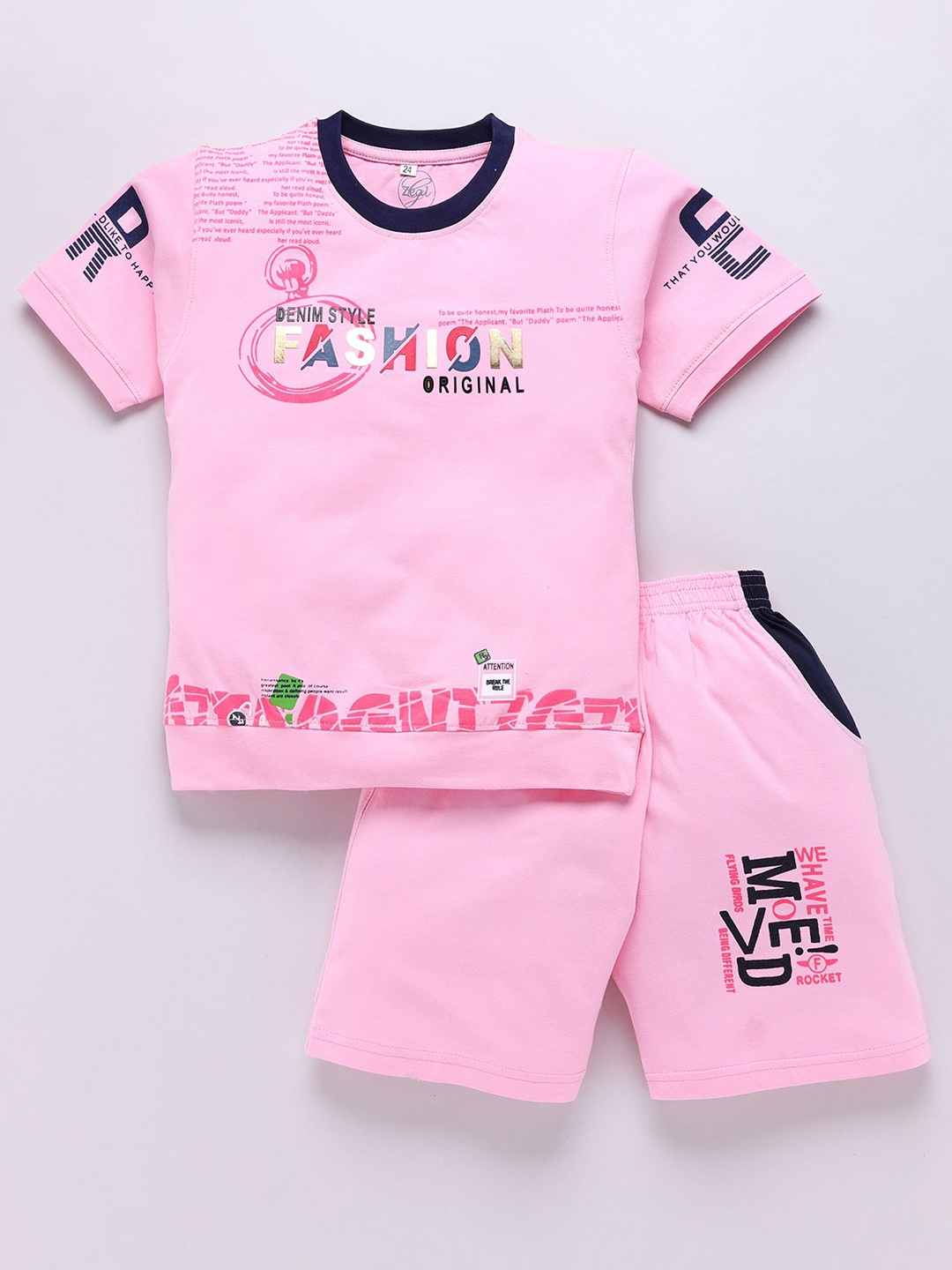 

Zeal Boys Printed Round Neck Regular Pure Cotton T-shirt With Shorts, Pink