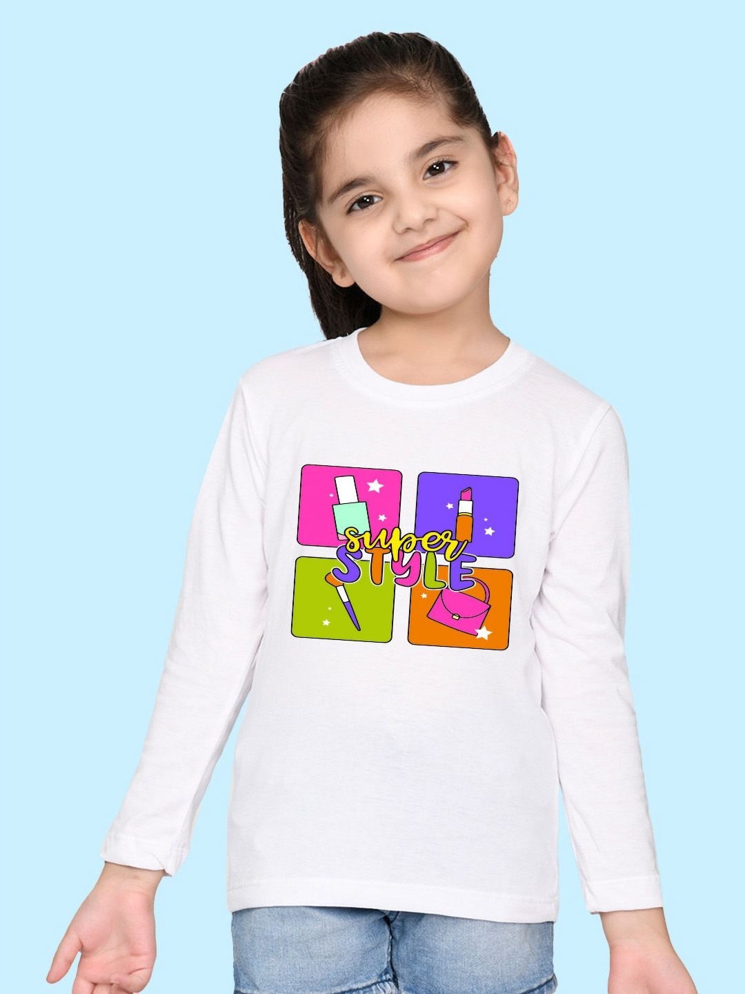 

NUSYL Girls Graphic Printed Round Neck Cotton T-shirt, White
