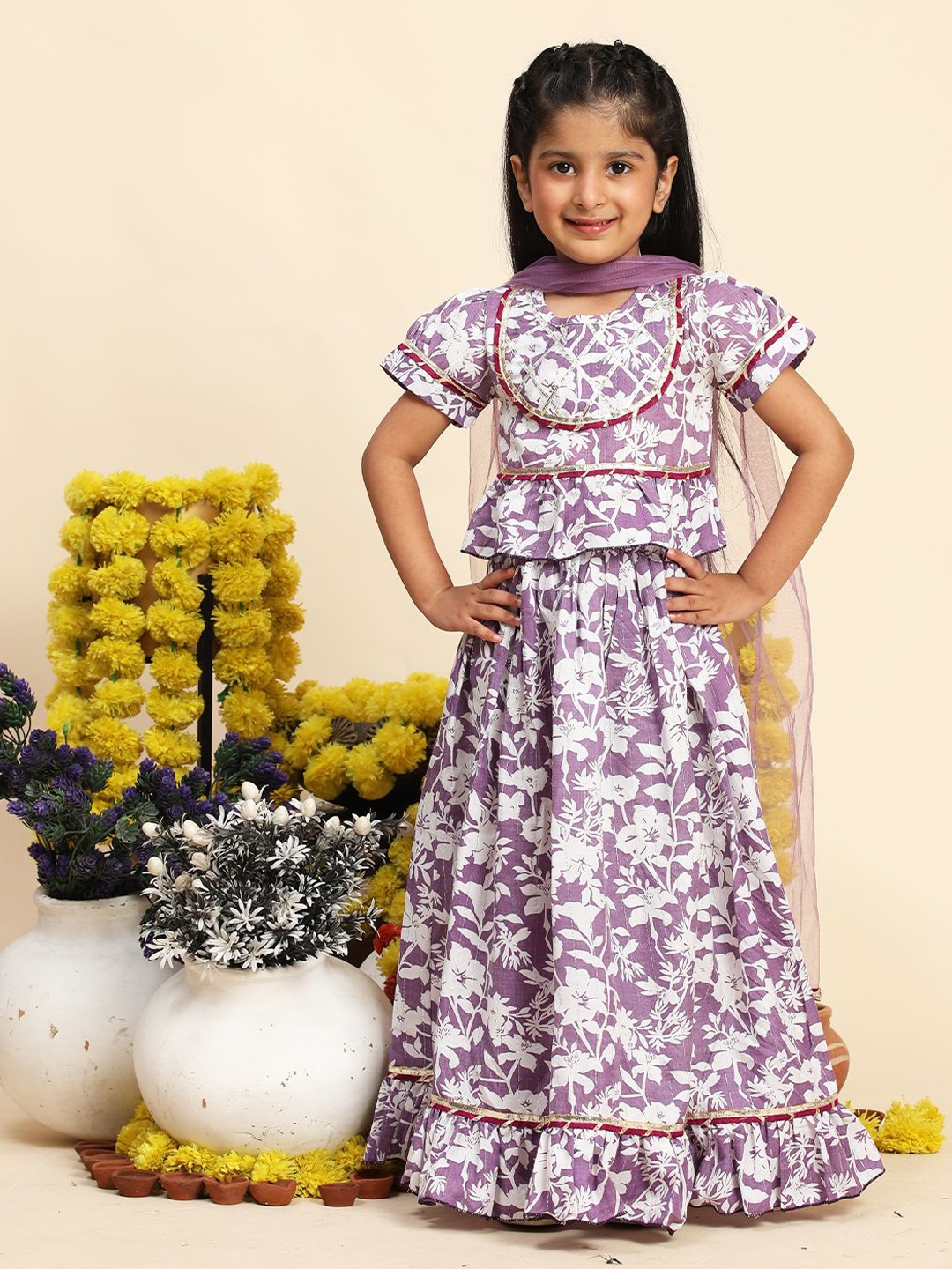 

Cutiekins Girls Printed Gotta Patti Cotton Ready to Wear Lehenga & Blouse With Dupatta, Purple