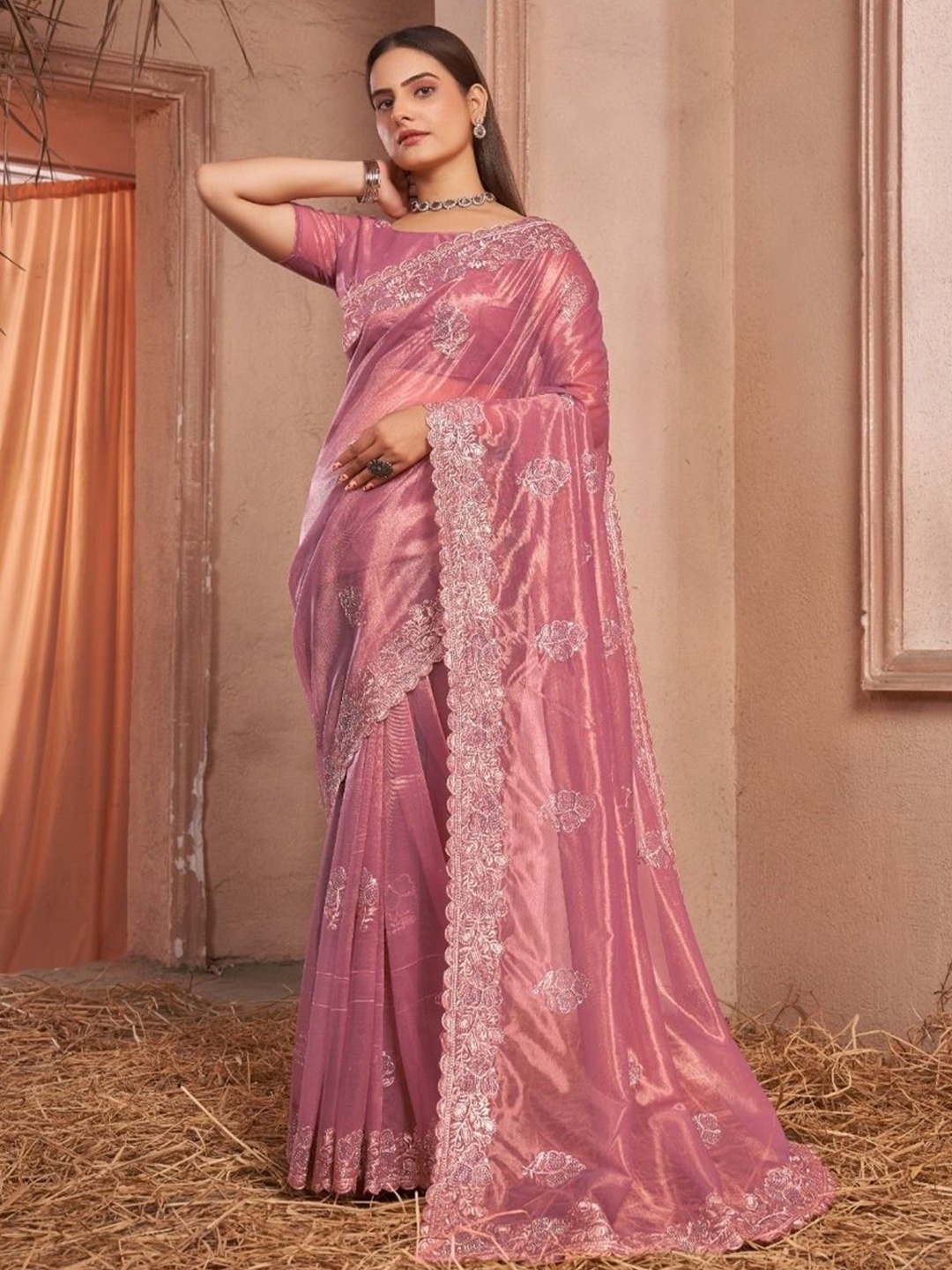 

Kalista Floral Embellished Beads and Stones Pure Georgette Saree, Pink