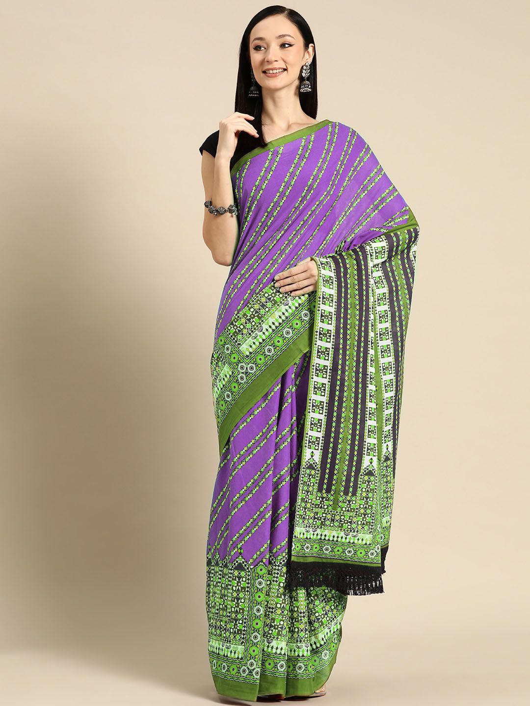 

BUTA BUTI Striped Printed Pure Cotton Saree, Olive
