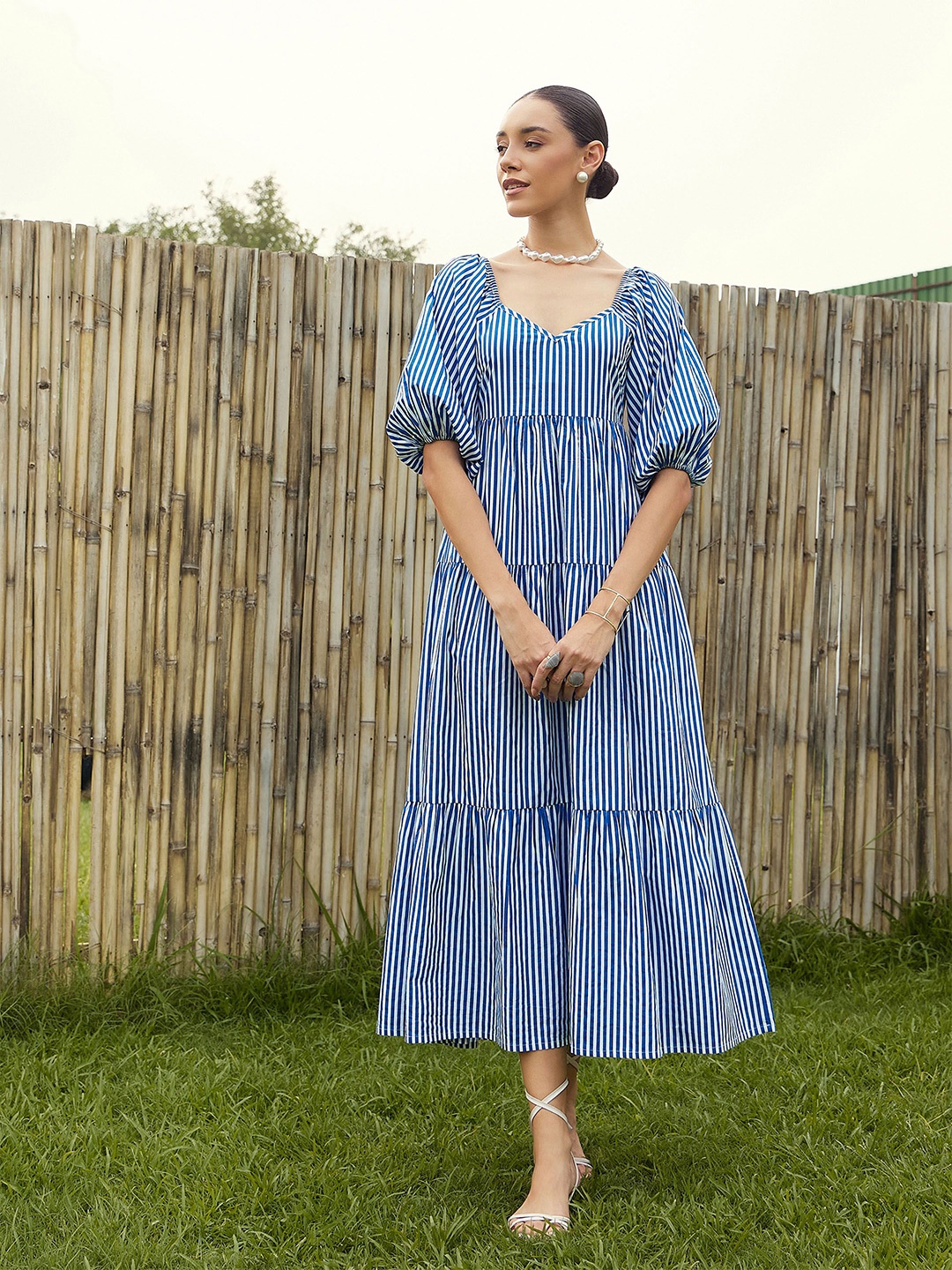

Pink Paprika by SASSAFRAS Women Striped Cotton Maxi Dress, Blue