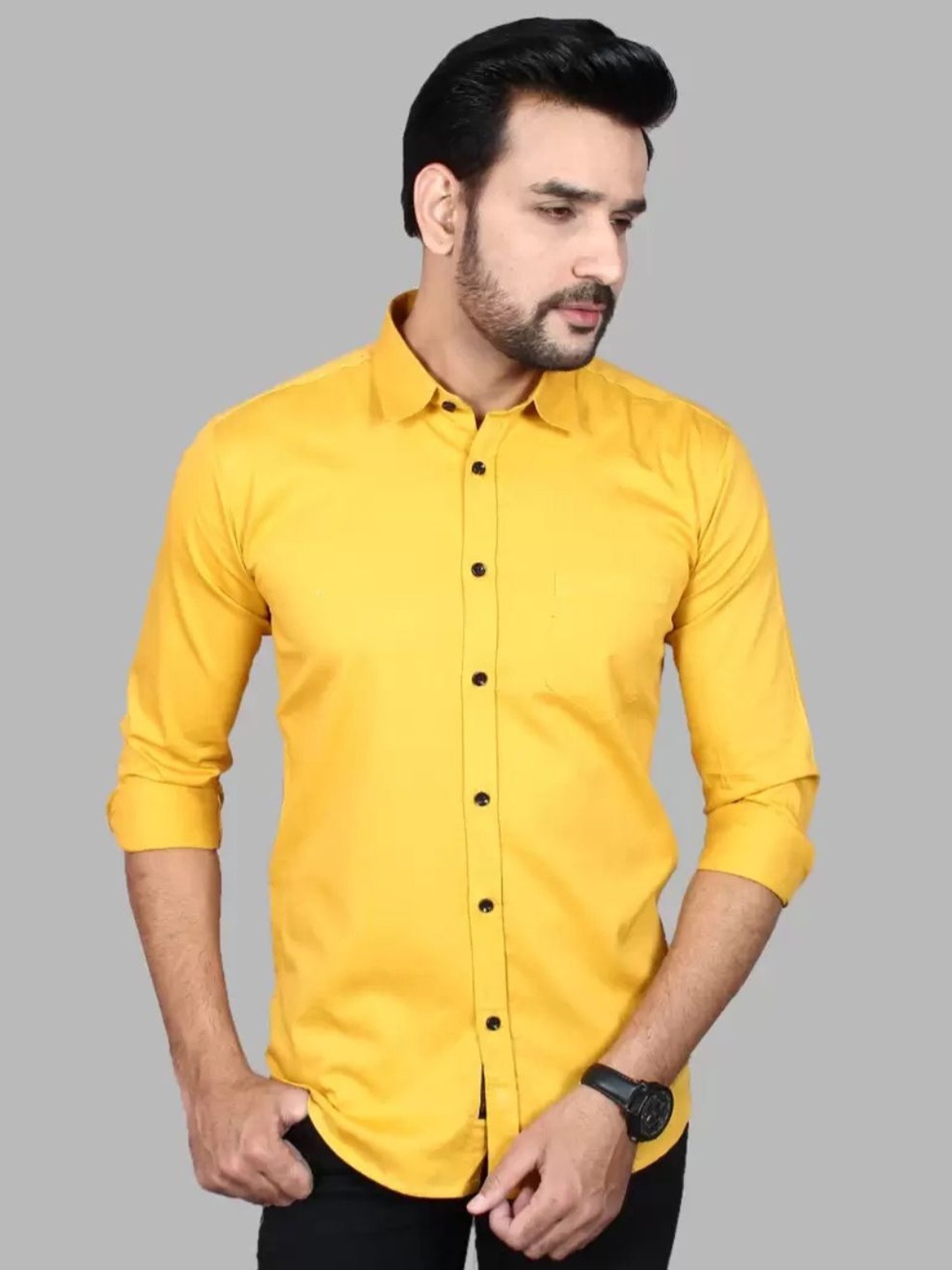 

Vcom Men Classic Spread Collar Solid Cotton Slim Fit Casual Shirt, Yellow