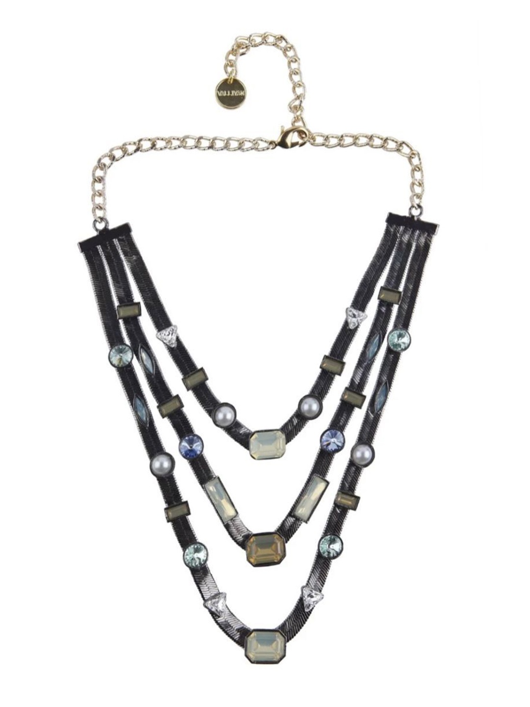 

VALLIYAN BY NITYA Brass-Plated Crystals Stone Studded Three Layered Candy Necklace, Black