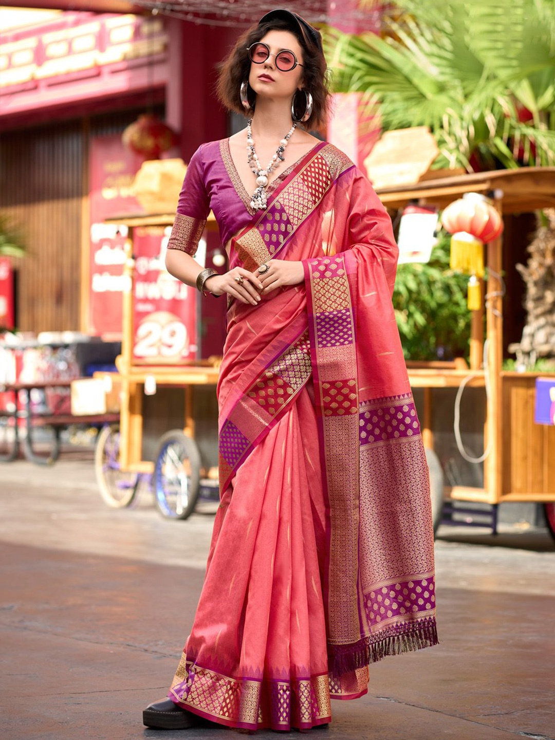 

Anouk Woven Design Zari Saree with Blouse Piece, Pink