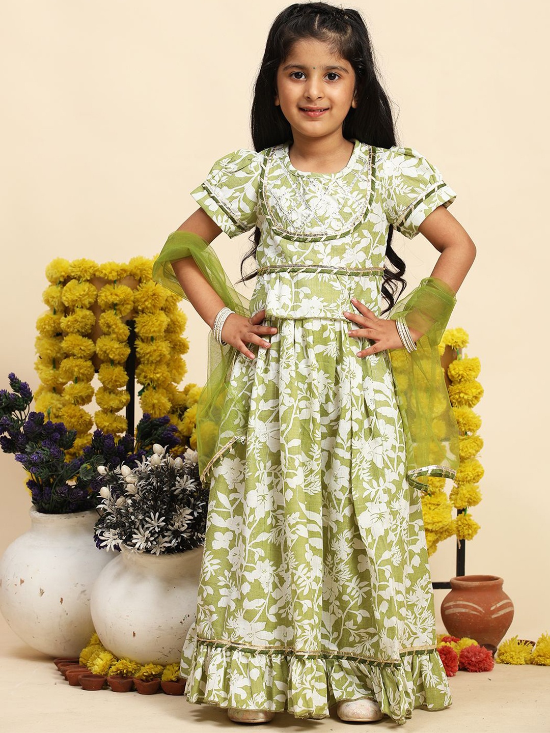 

Cutiekins Girls Printed Ready to Wear Cotton Lehenga & Blouse With Dupatta, Green