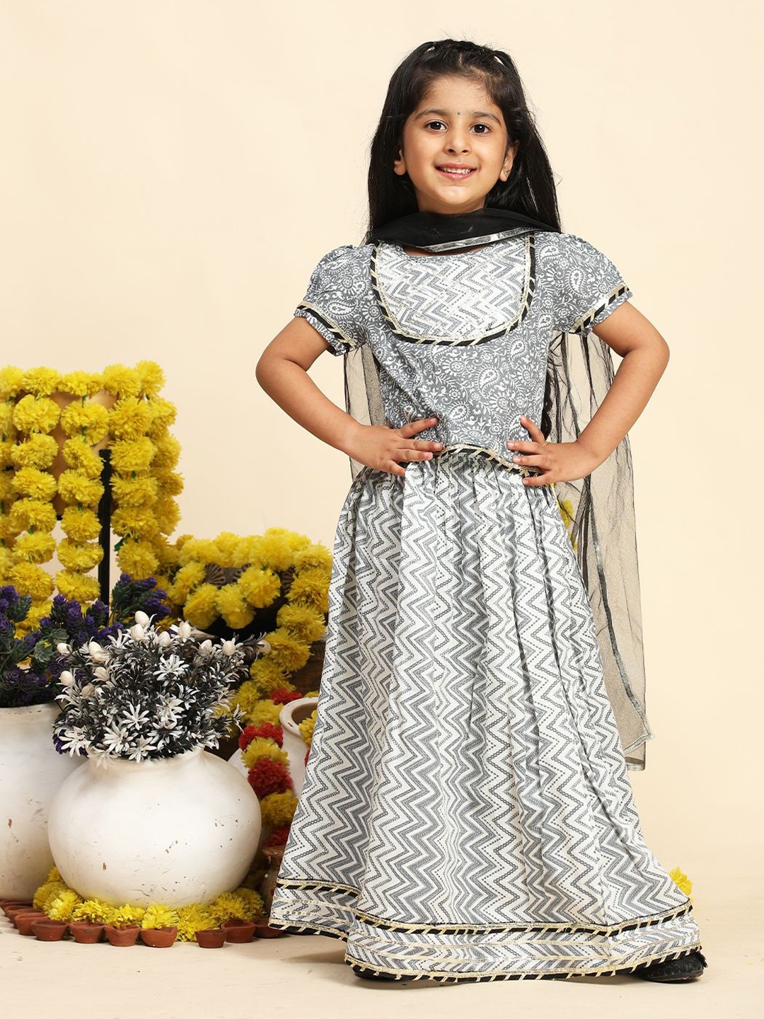 

Cutiekins Girls Printed Cotton Ready to Wear Lehenga & Blouse With Dupatta, Grey