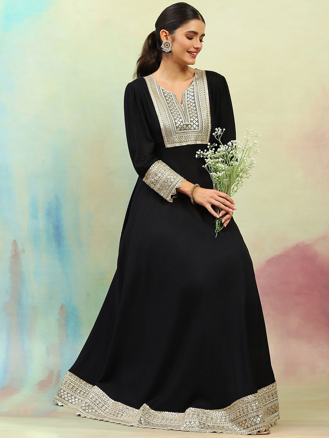 

Khushal K Women Embroidered Sequenced A-Line Maxi Ethnic Dresses, Black