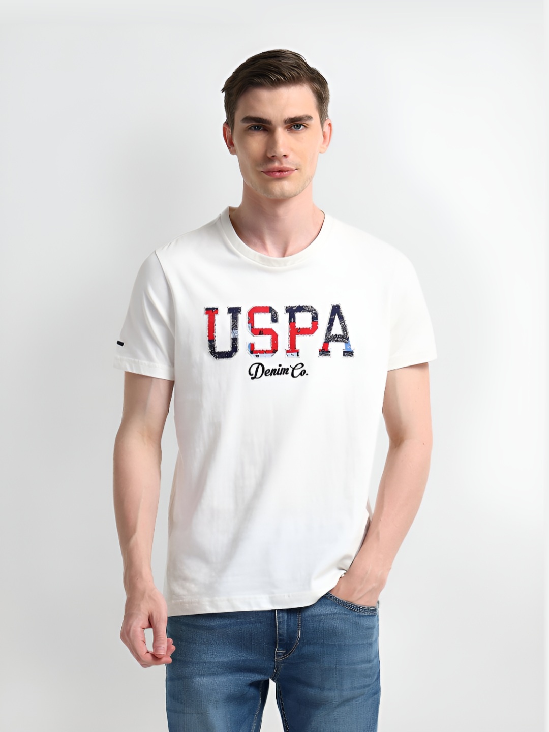 

U.S. Polo Assn. Denim Co. Men Brand Logo Printed Round Neck Cotton Slim Fit T-shirt, White