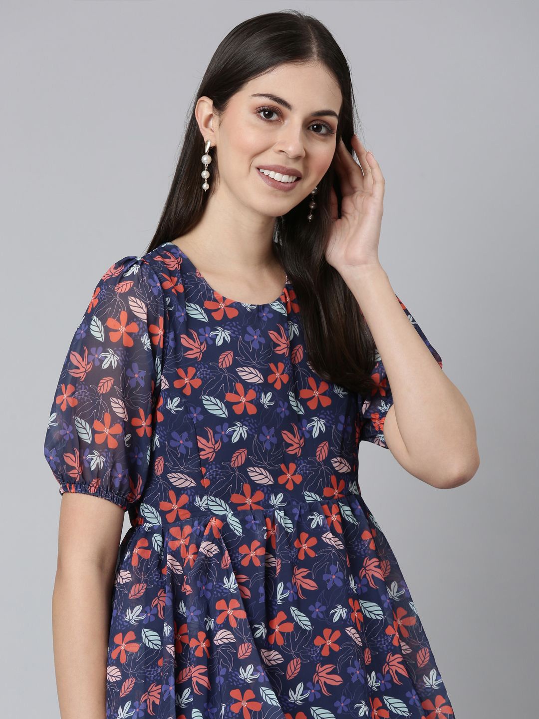 

TWIN BIRDS Women Floral Printed Puff Sleeves Fit & Flare Dress, Purple