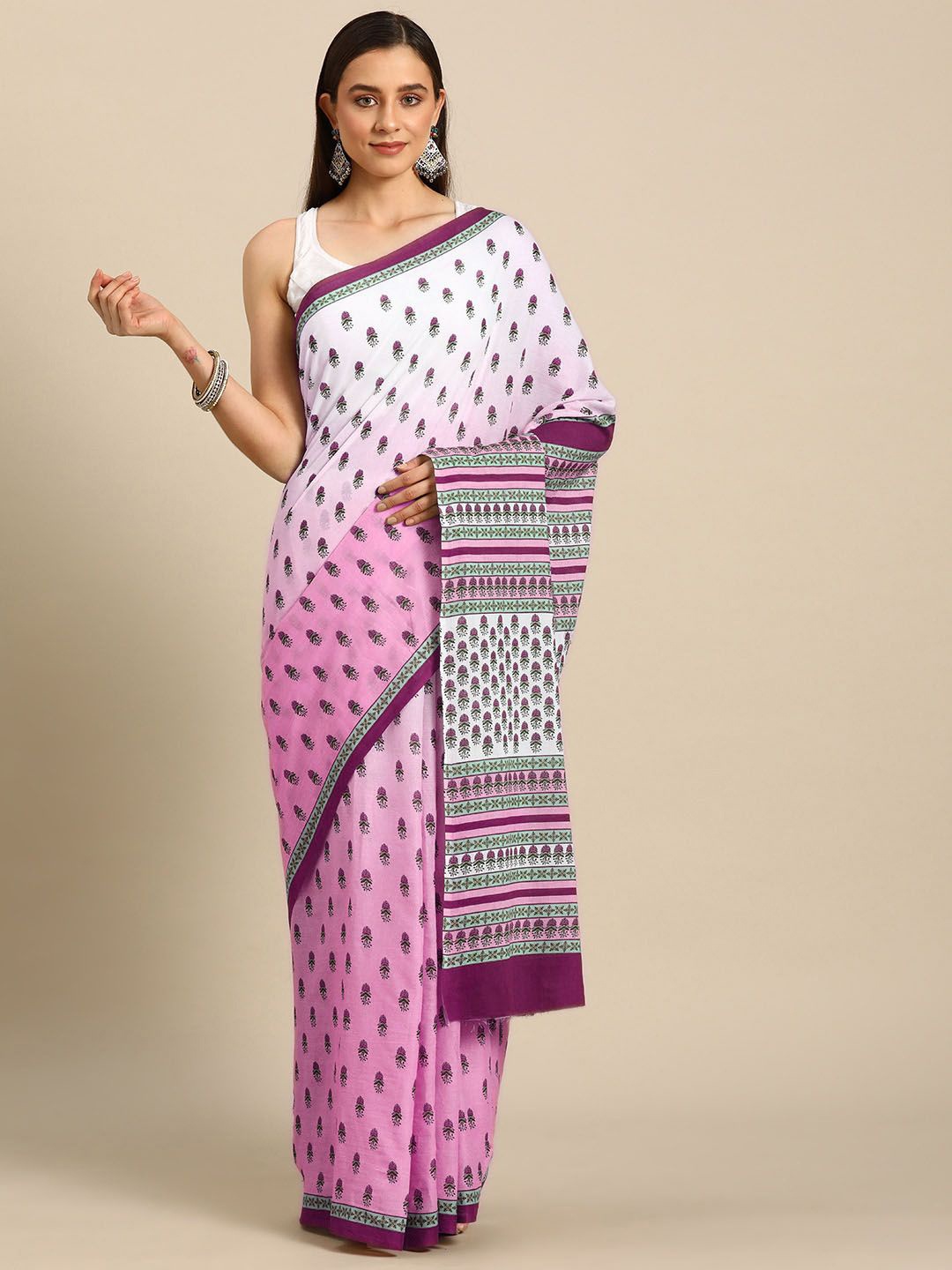 

BUTA BUTI Ethnic Motif Printed Pure Cotton Saree, Pink