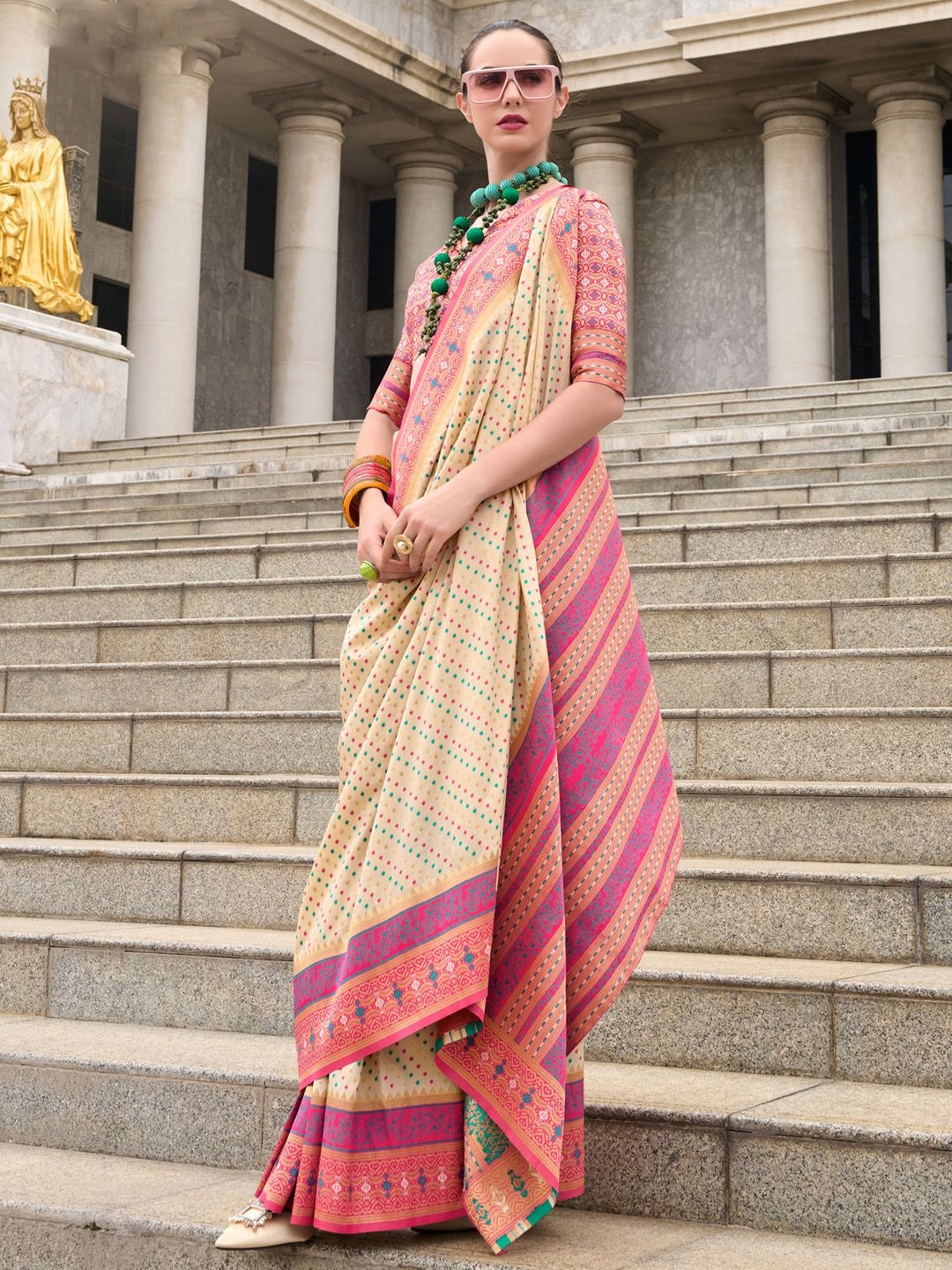 

Anouk Ethnic Motifs Woven Design Zari Banarasi Saree, Cream
