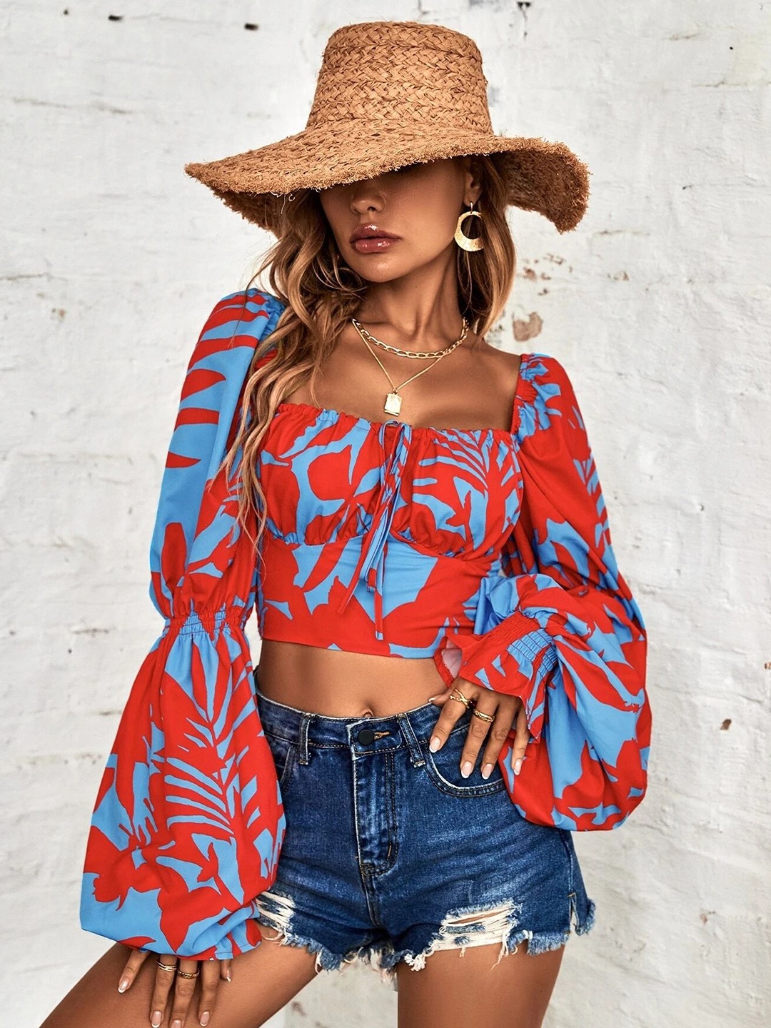 

Stylecast X Slyck Floral Printed Square Neck Top, Orange